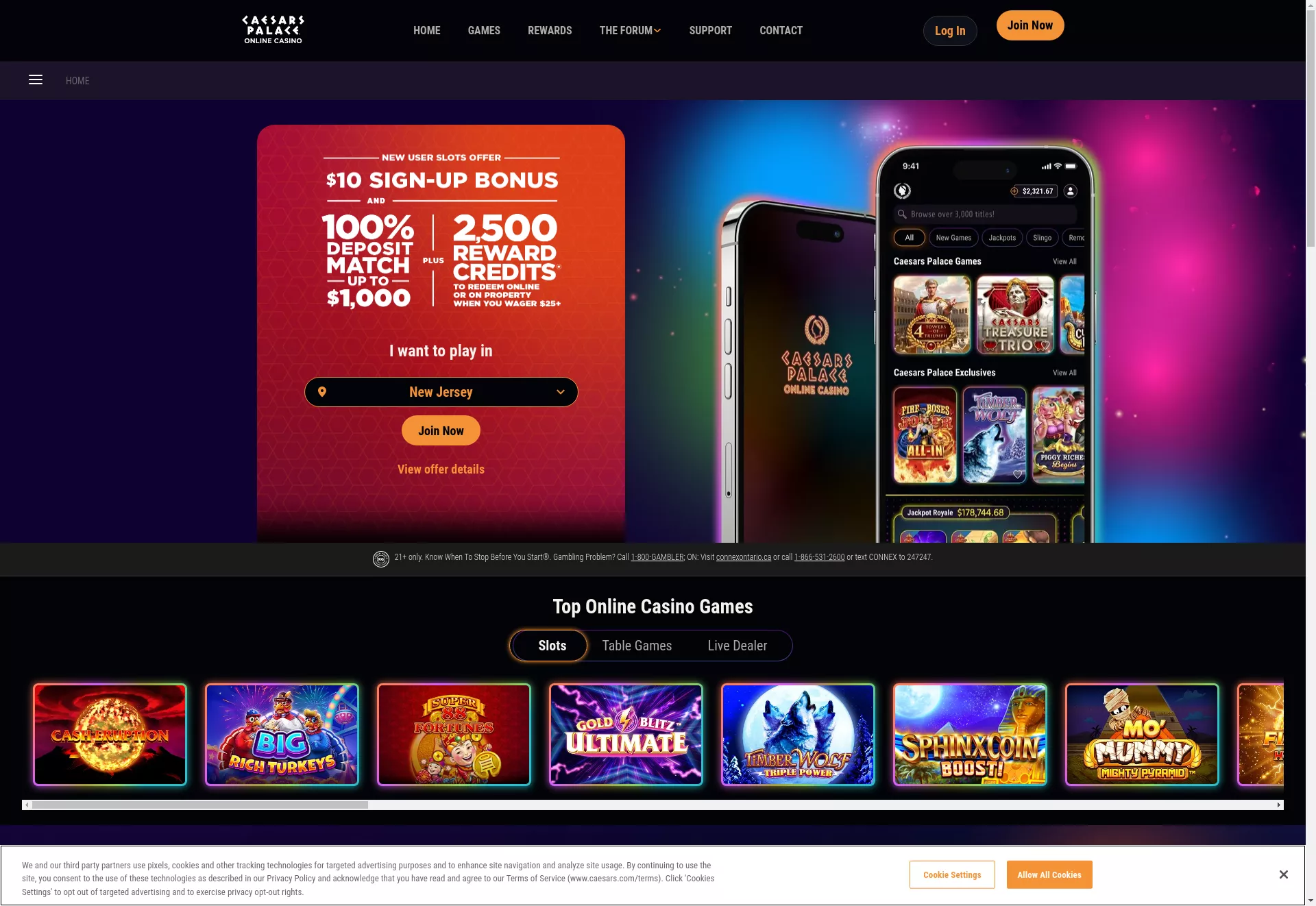 Desktop screen. Caesars Palace 100% up to $1,000 + 2,500 Reward Credits