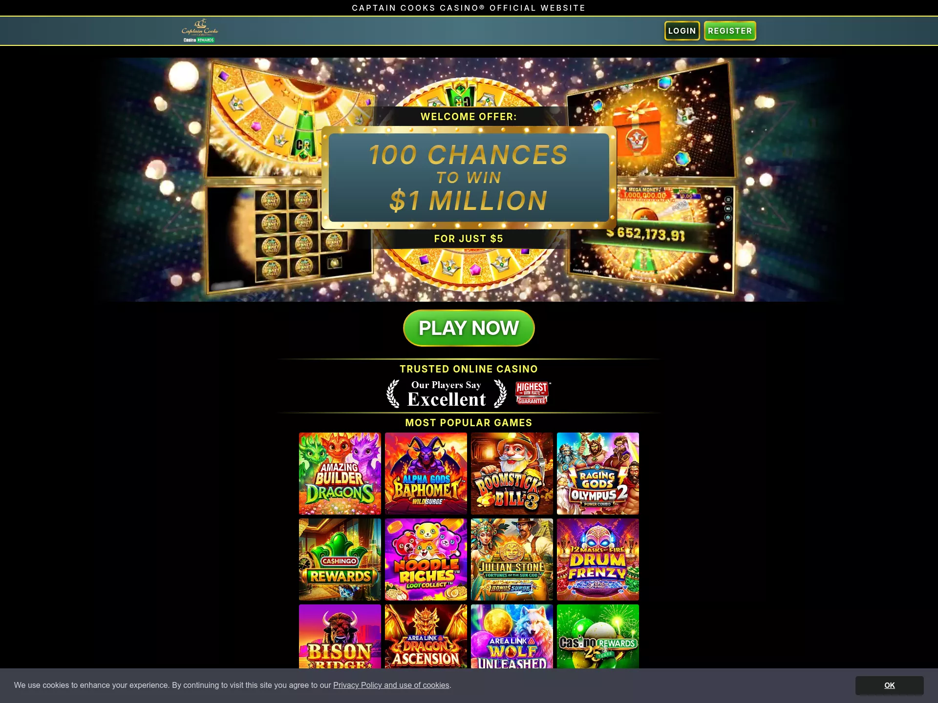 Desktop screen. Captain Cooks Casino Up to $500