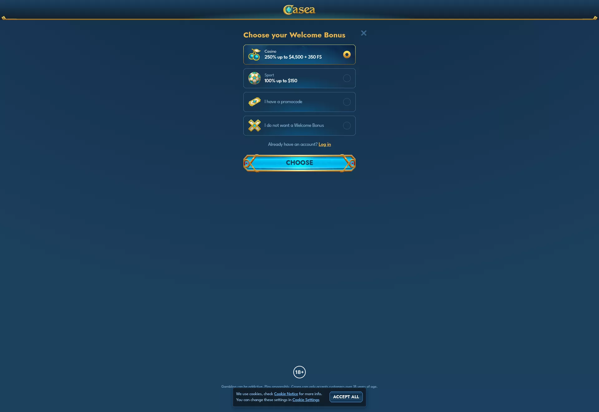 Desktop screen. Casea Up to $3000 + 350 FS