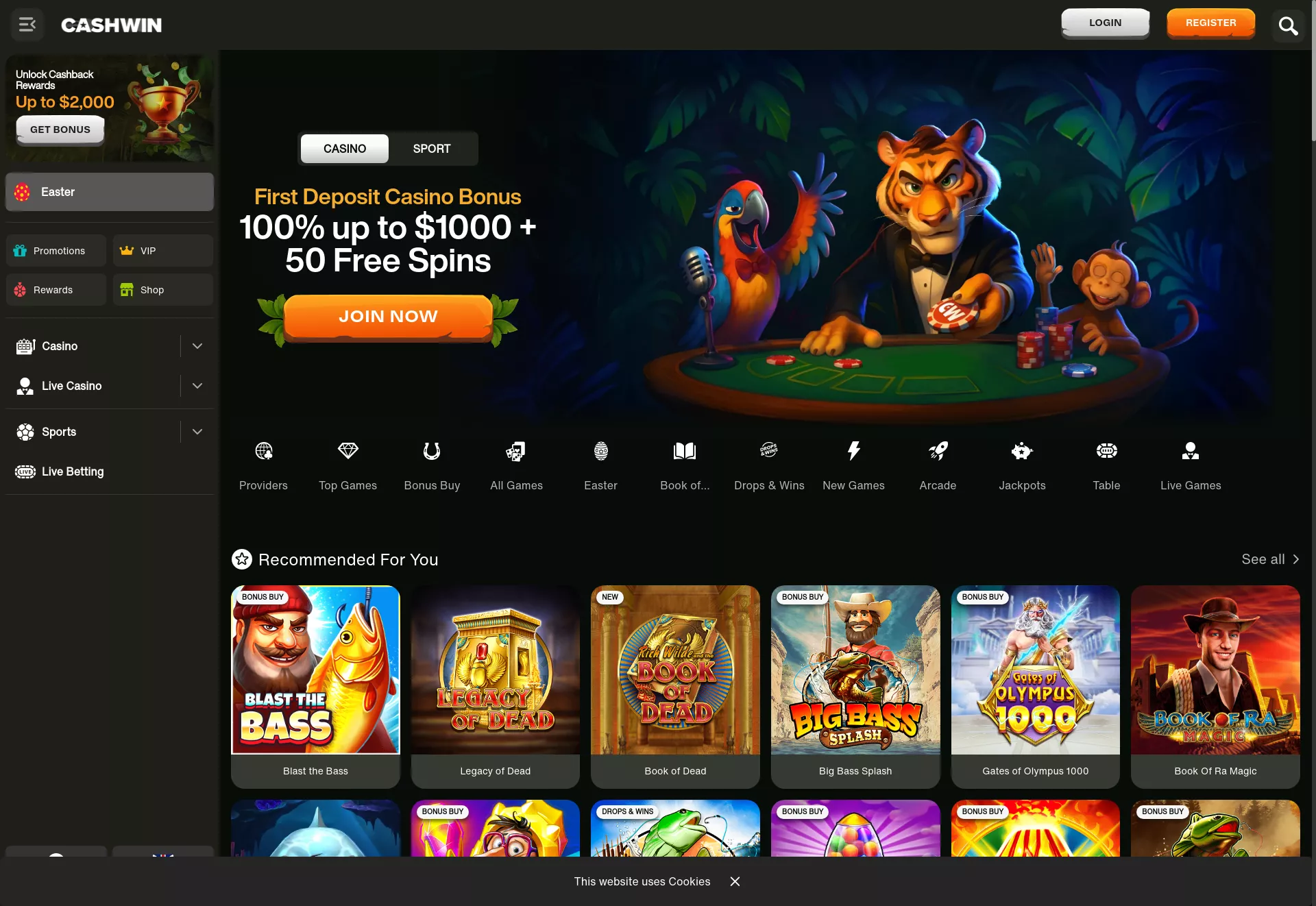 Desktop screen. Cashwin Up to $1750 + 50 FS