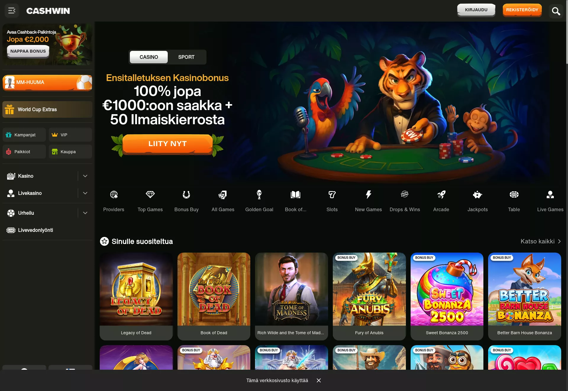 Desktop screen. Cashwin Up to €1750 + 50 FS