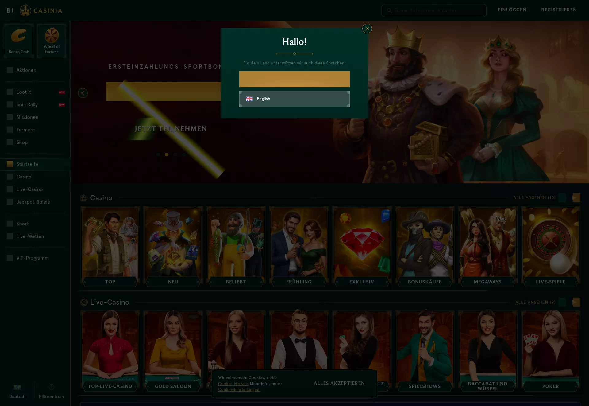 Desktop screen. Casinia 100% up to $500 + 200 FS + 1 Bonus Crab
