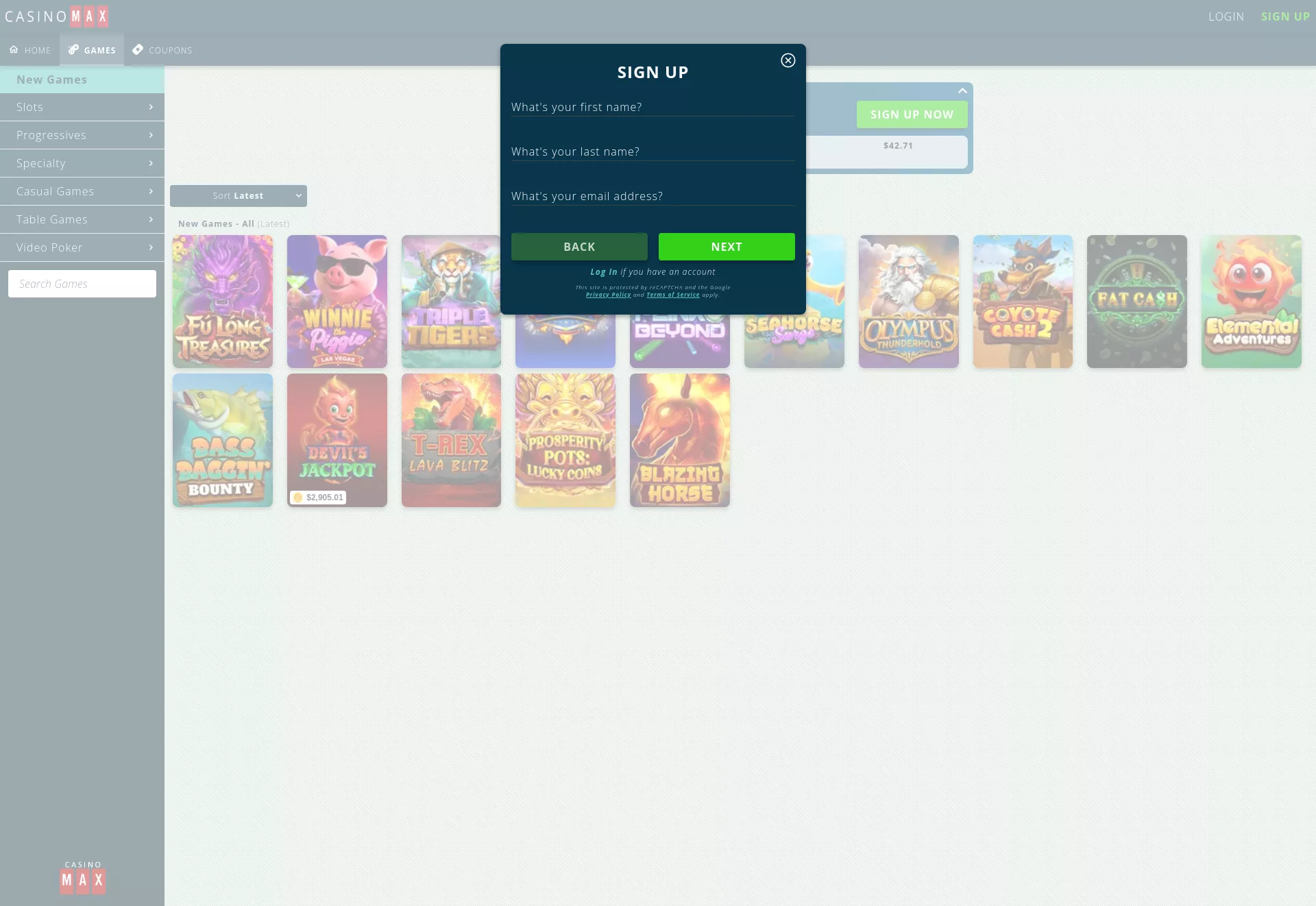 Desktop screen. Casino MAX Up to $9750