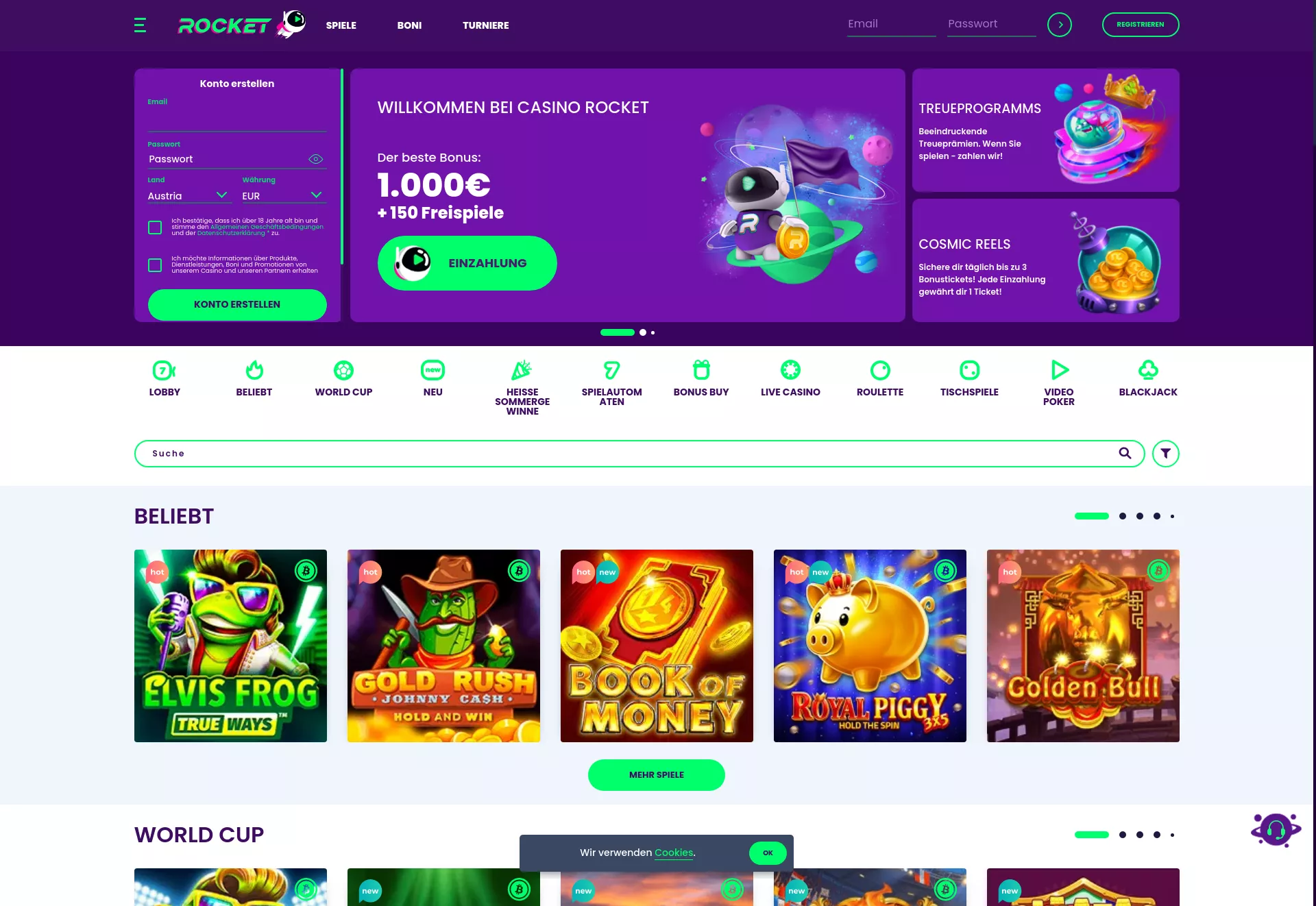 Desktop screen. Casino Rocket Bis zu ₮4000 + 200 FS