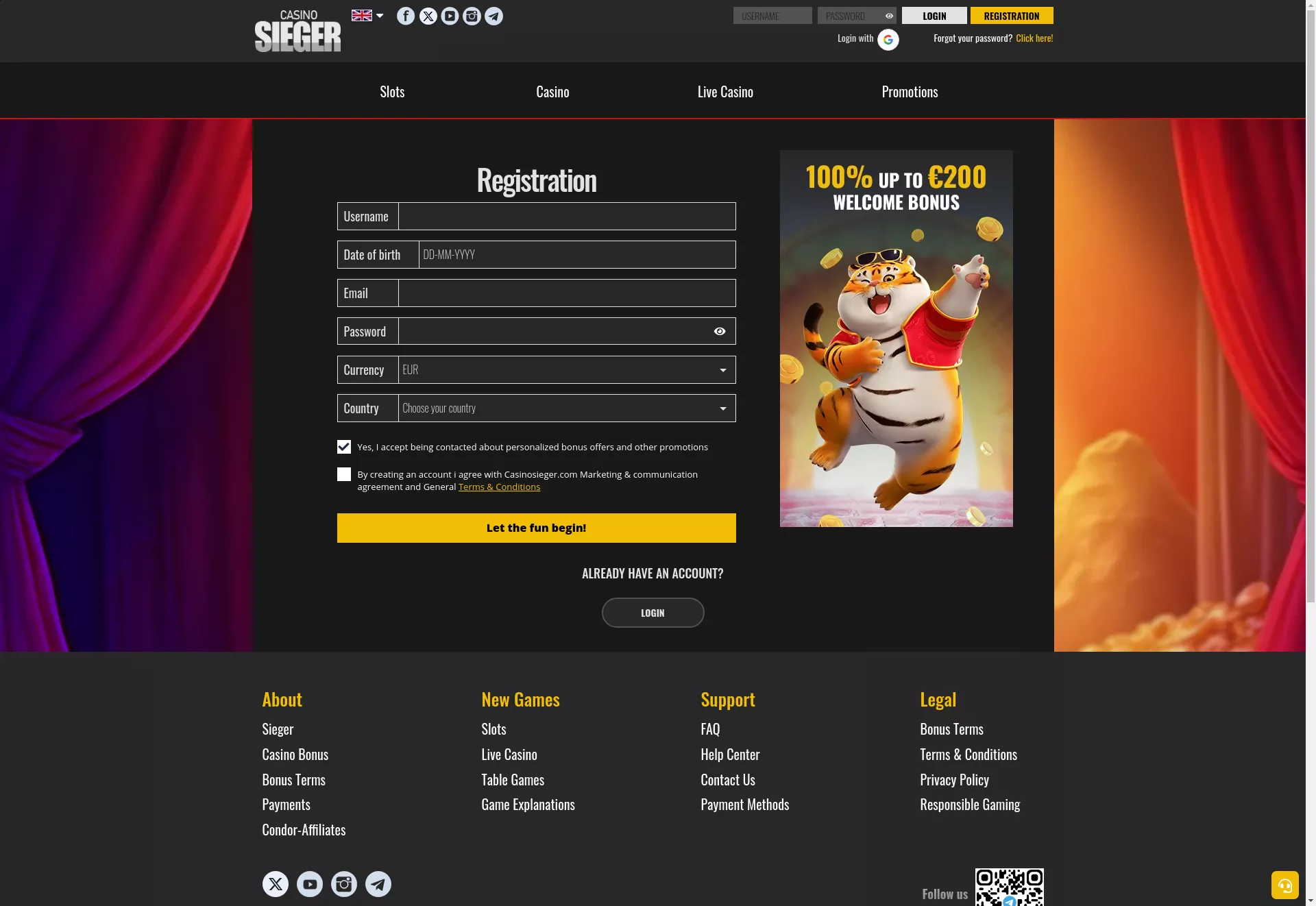 Desktop screen. Casino Sieger 100% up to $200