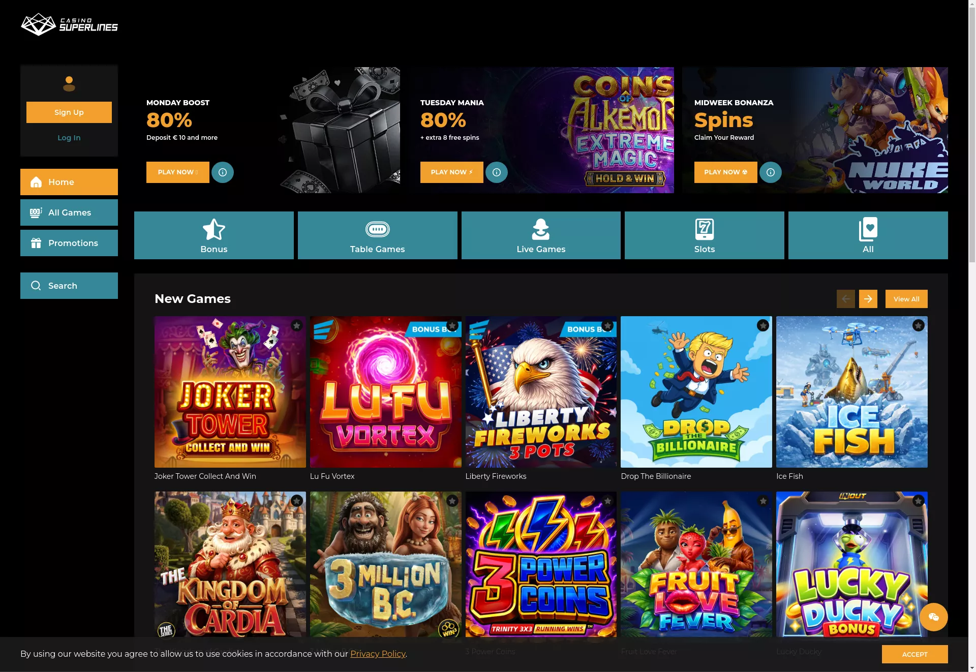Desktop screen. CasinoSuperlines Up to $1800 + 175 FS