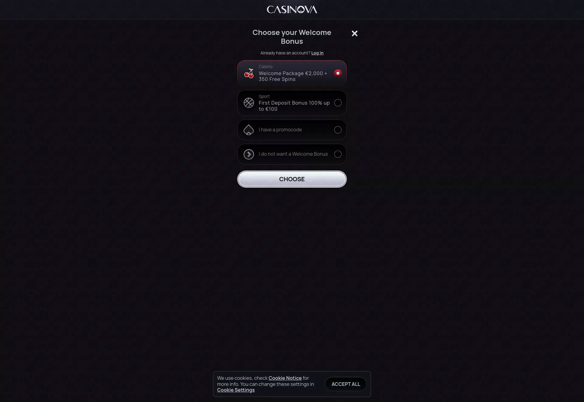 Desktop screen. Casinova Up to $2000 + 350 FS