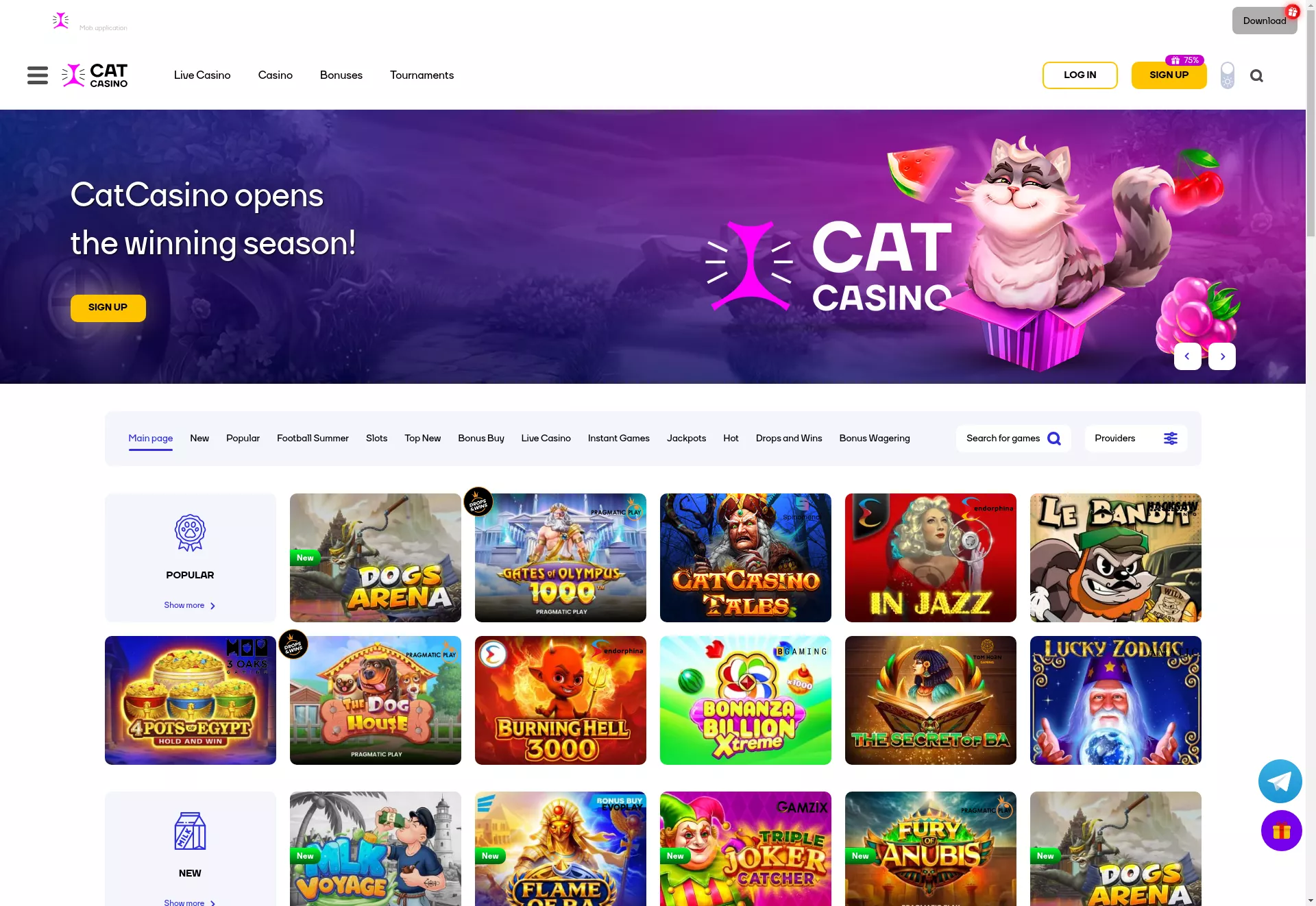 Desktop screen. CatCasino 75% up to $300 + 50 FS
