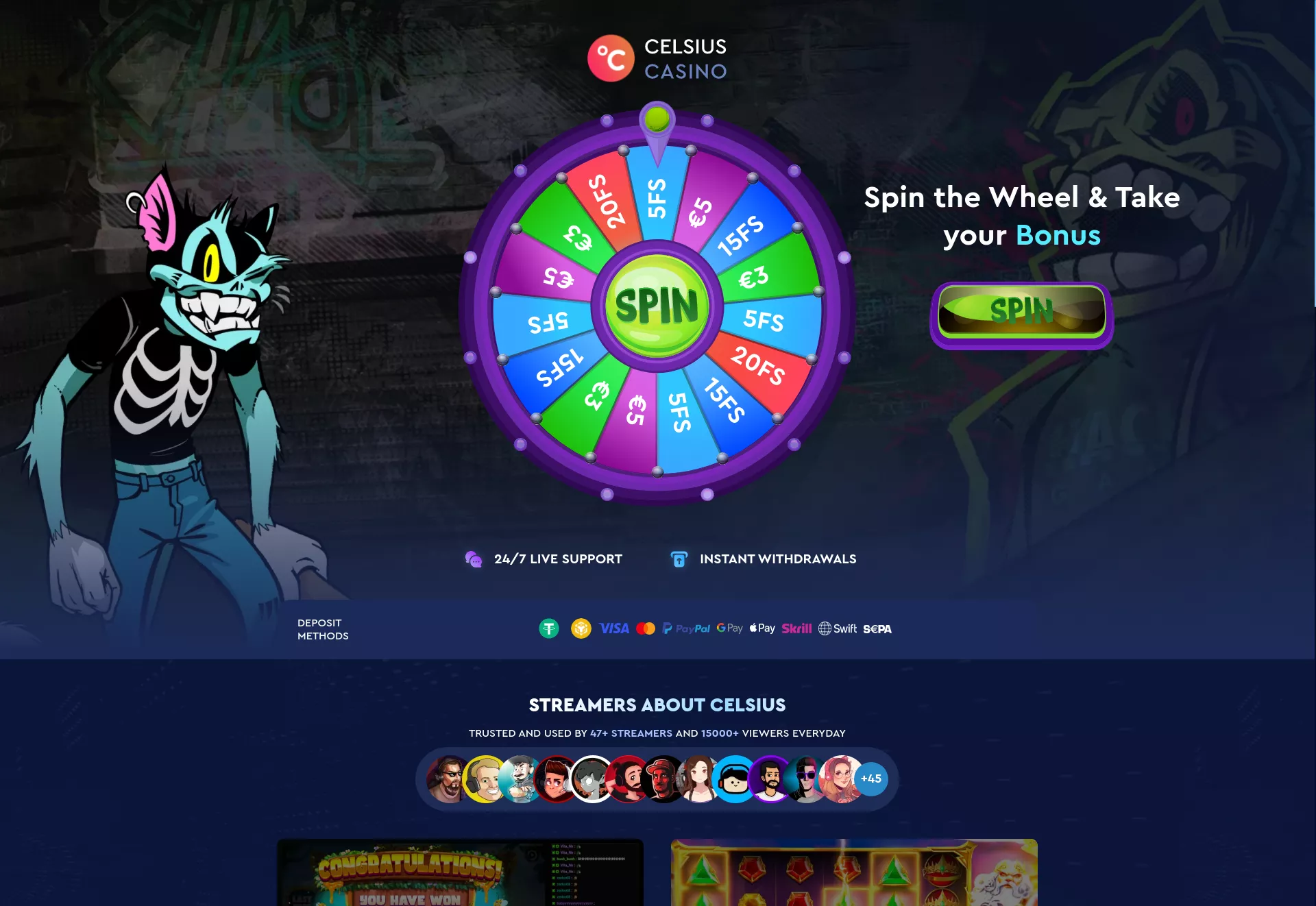 Desktop screen. Celsius Casino Up to $2000 + 250 FS