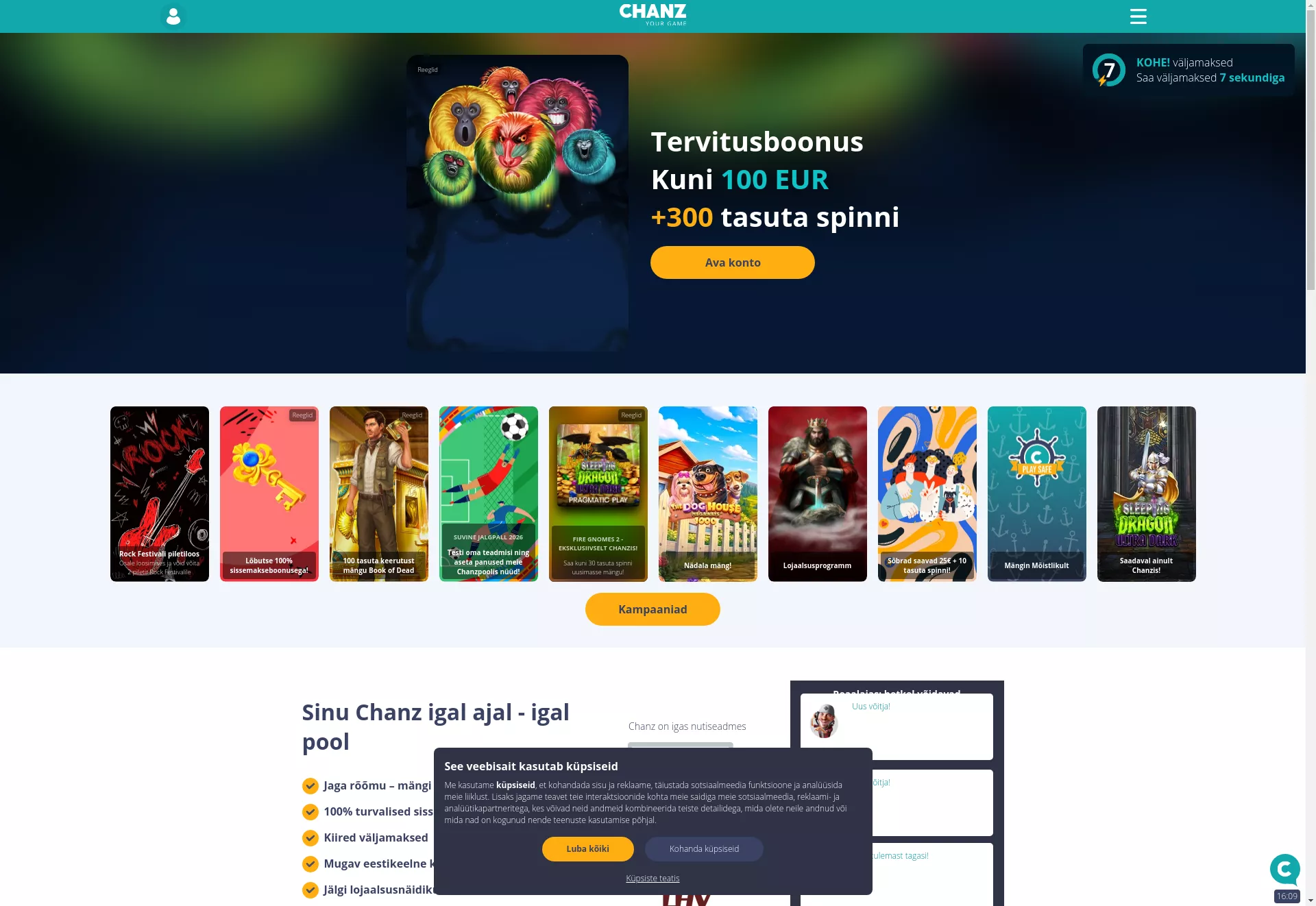 Desktop screen. Chanz Up to €100 + 300 FS