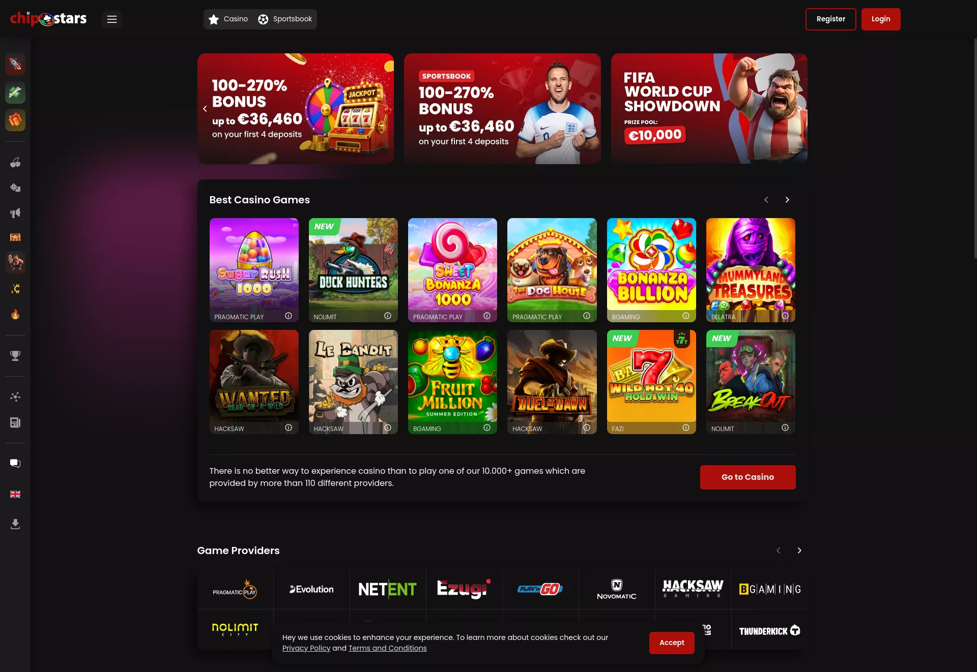 Desktop screen. Chipstars Casino Cashback 10%