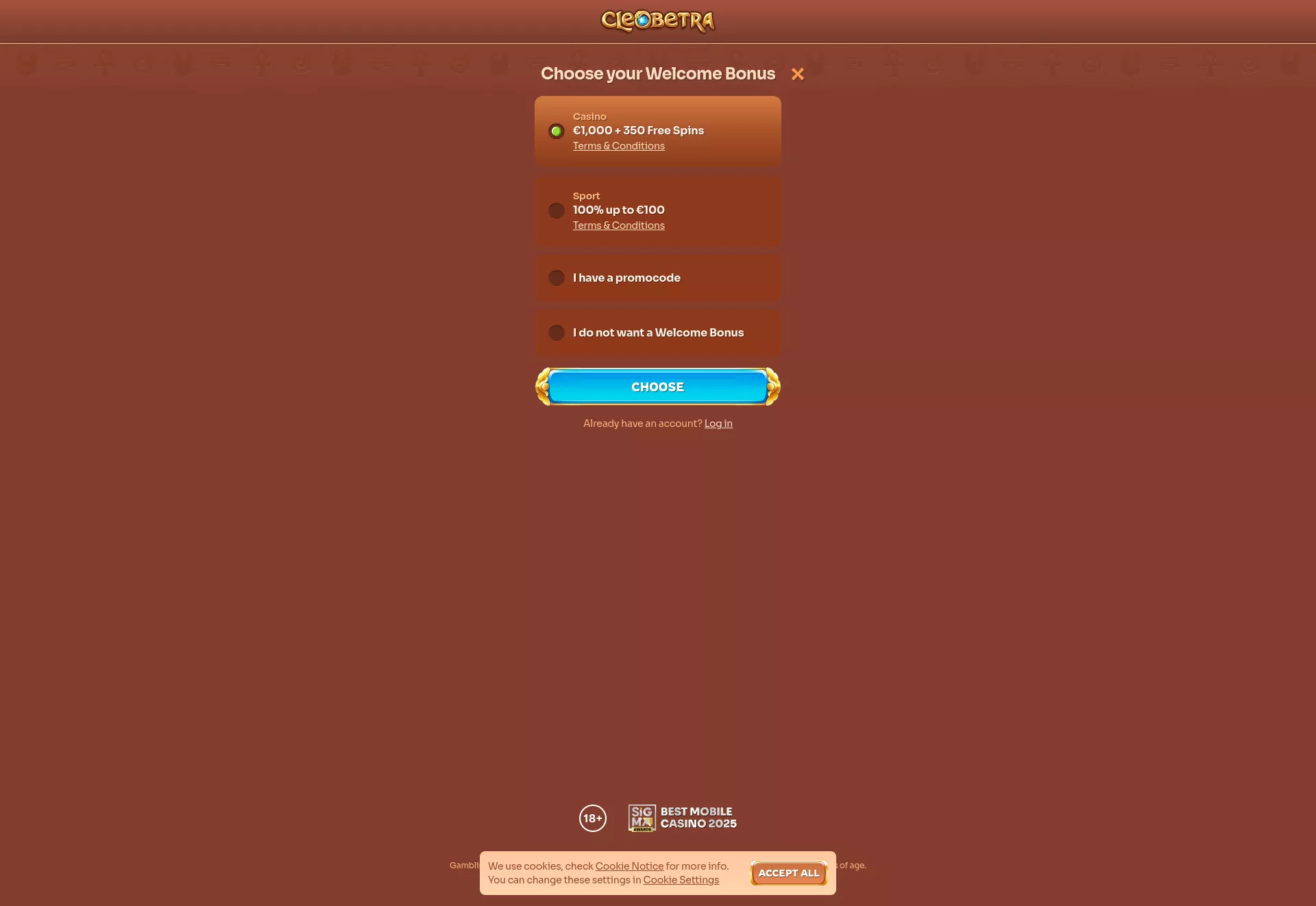 Desktop screen. Cleobetra Up to $1000 + 350 FS