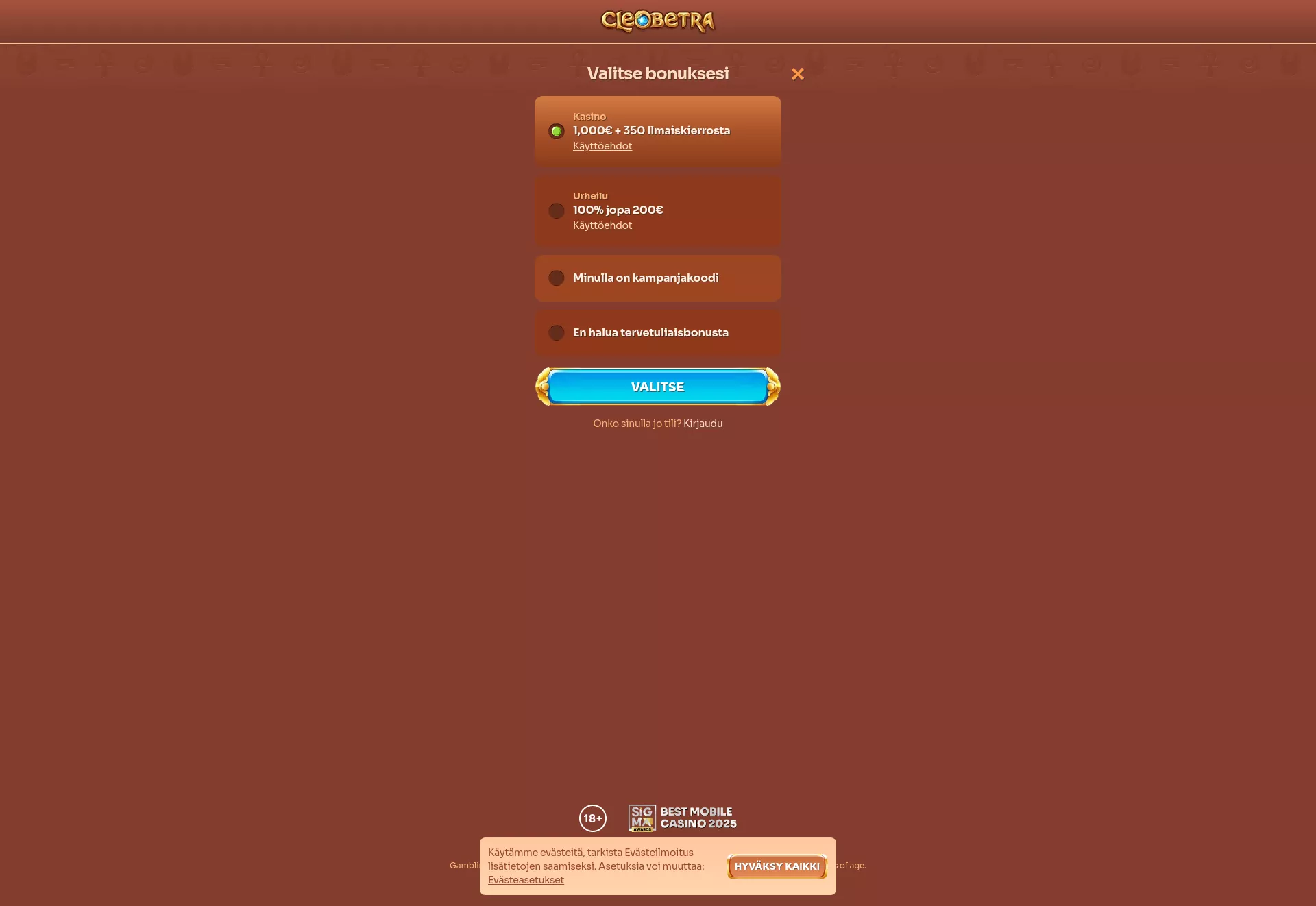 Desktop screen. Cleobetra Up to €1000 + 350 FS