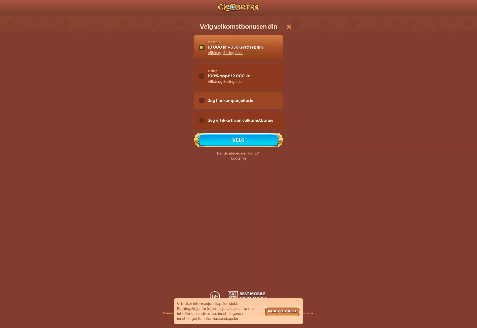 Desktop screen. Cleobetra Up to kr10000 + 350 FS