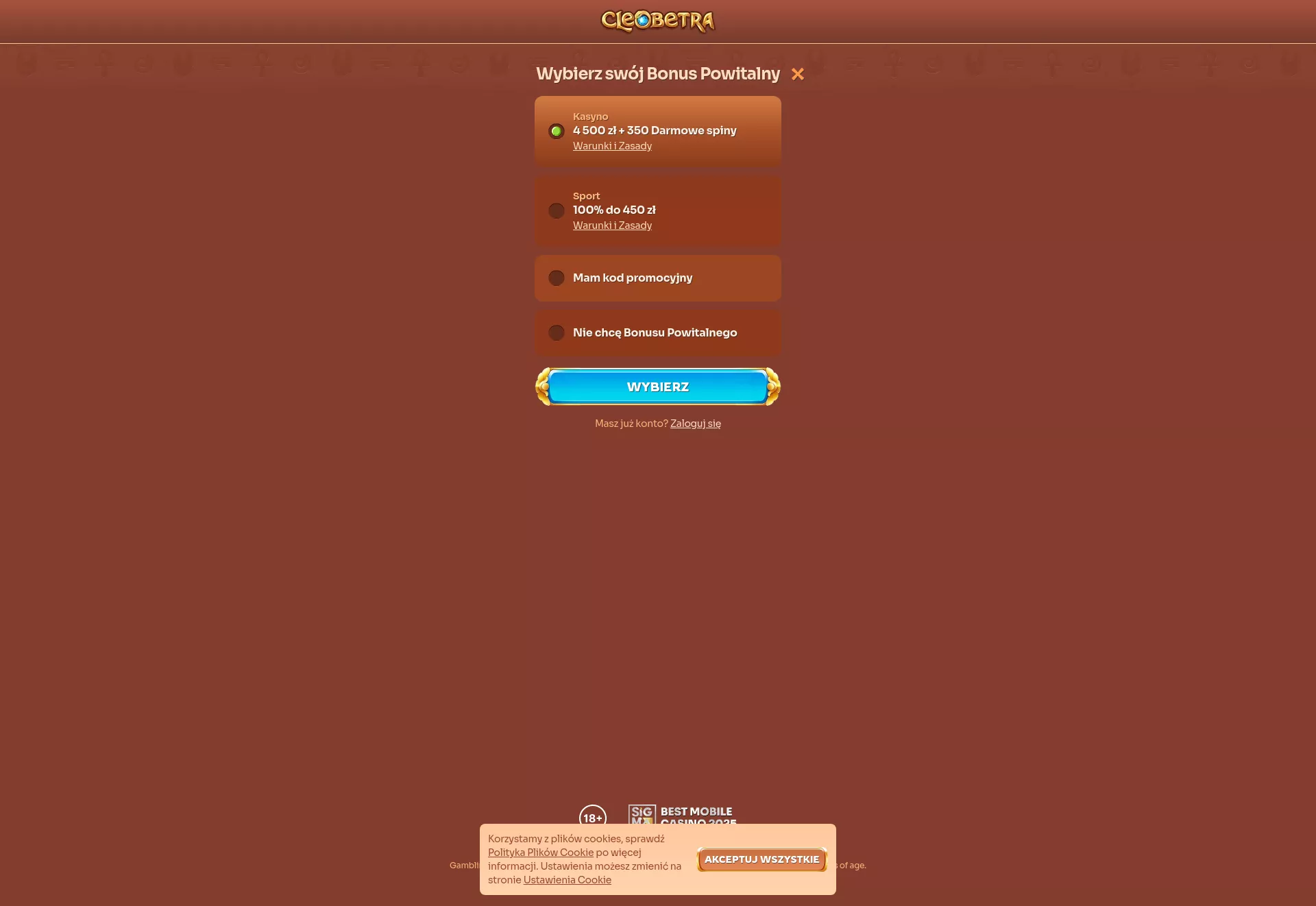 Desktop screen. Cleobetra Up to zł4500 + 350 FS