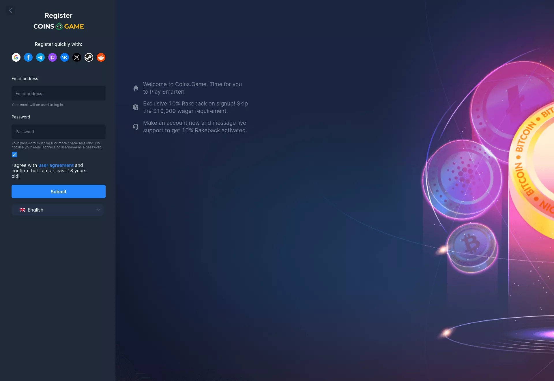 Desktop screen. Coins.game Casino Up to $884