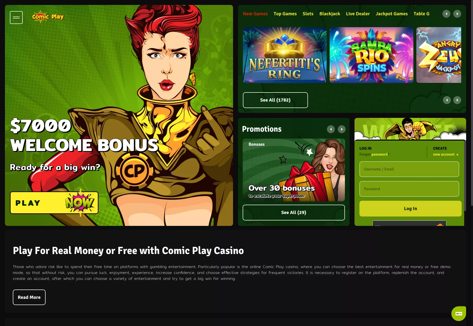 Desktop screen. Comic Play Up to $11000 + 200 FS