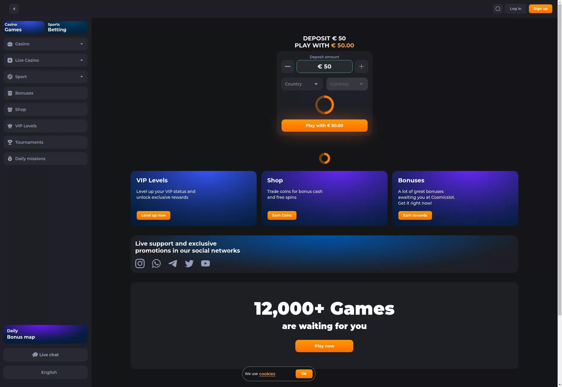 Desktop screen. CosmicSlot Casino Up to $2750 + 250 FS