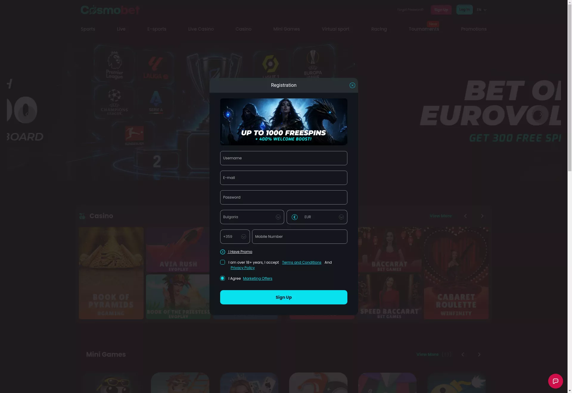 Desktop screen. Cosmobet Up to €2000 + 1000 FS