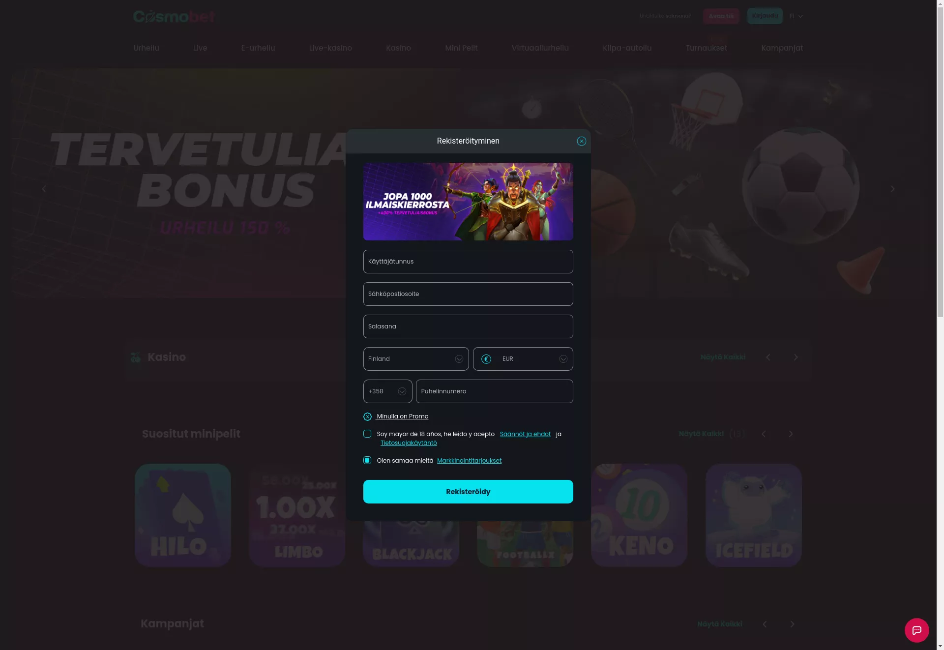 Desktop screen. Cosmobet Up to €2000 + 1000 FS