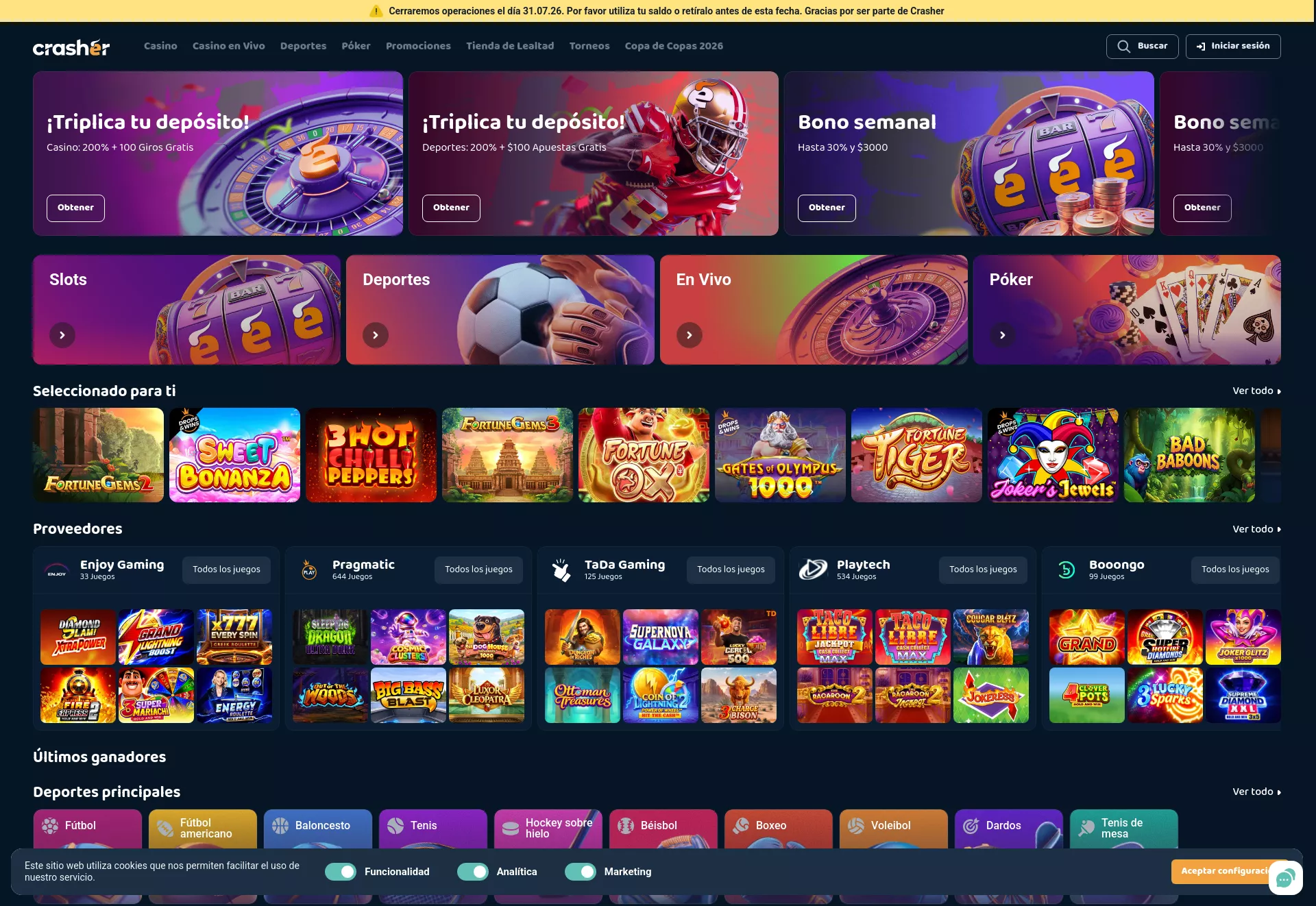 Desktop screen. Crasher Cashback Semanal del 7% hasta MX$3000