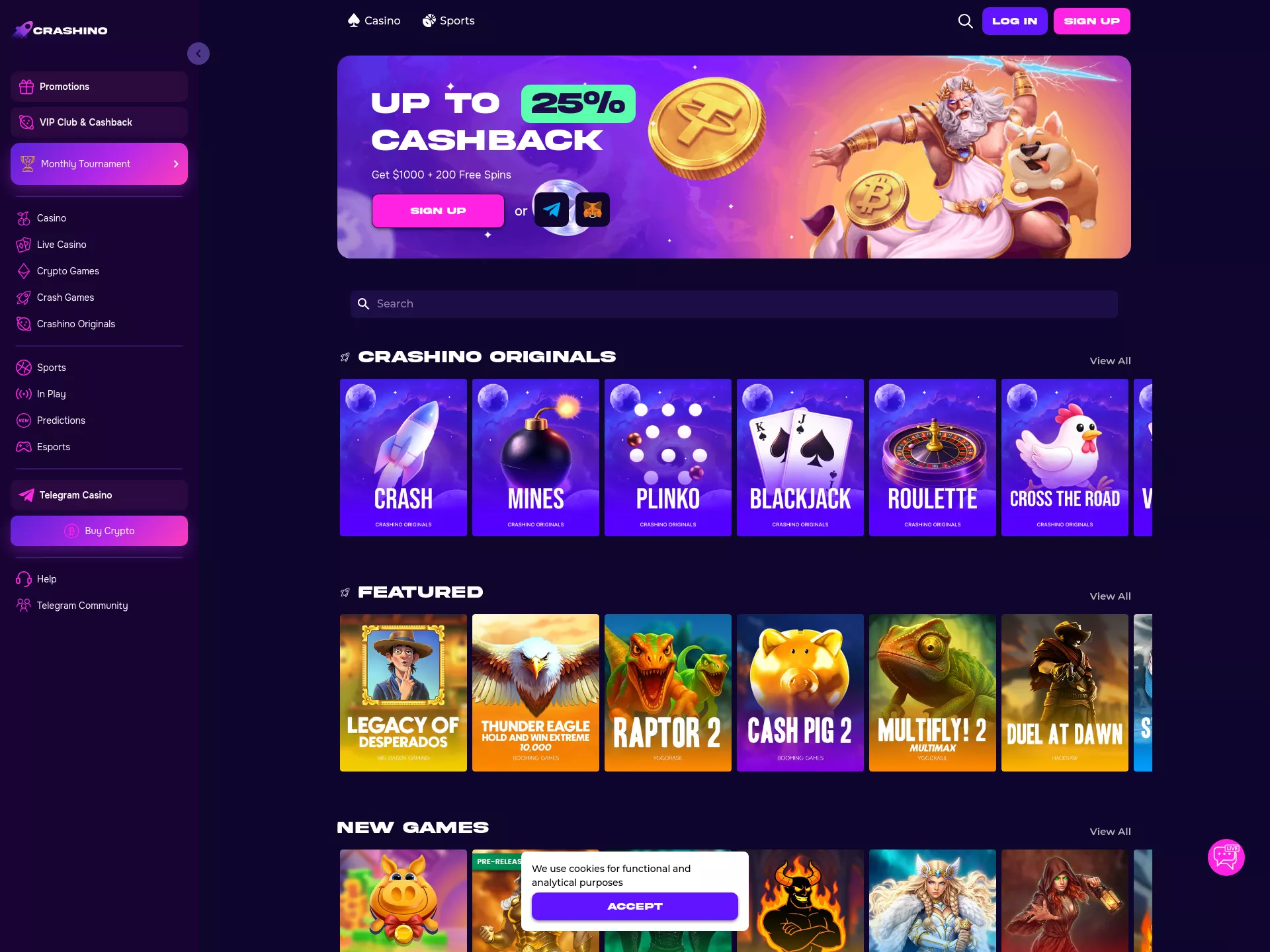 Desktop screen. Crashino Casino Cashback 10%