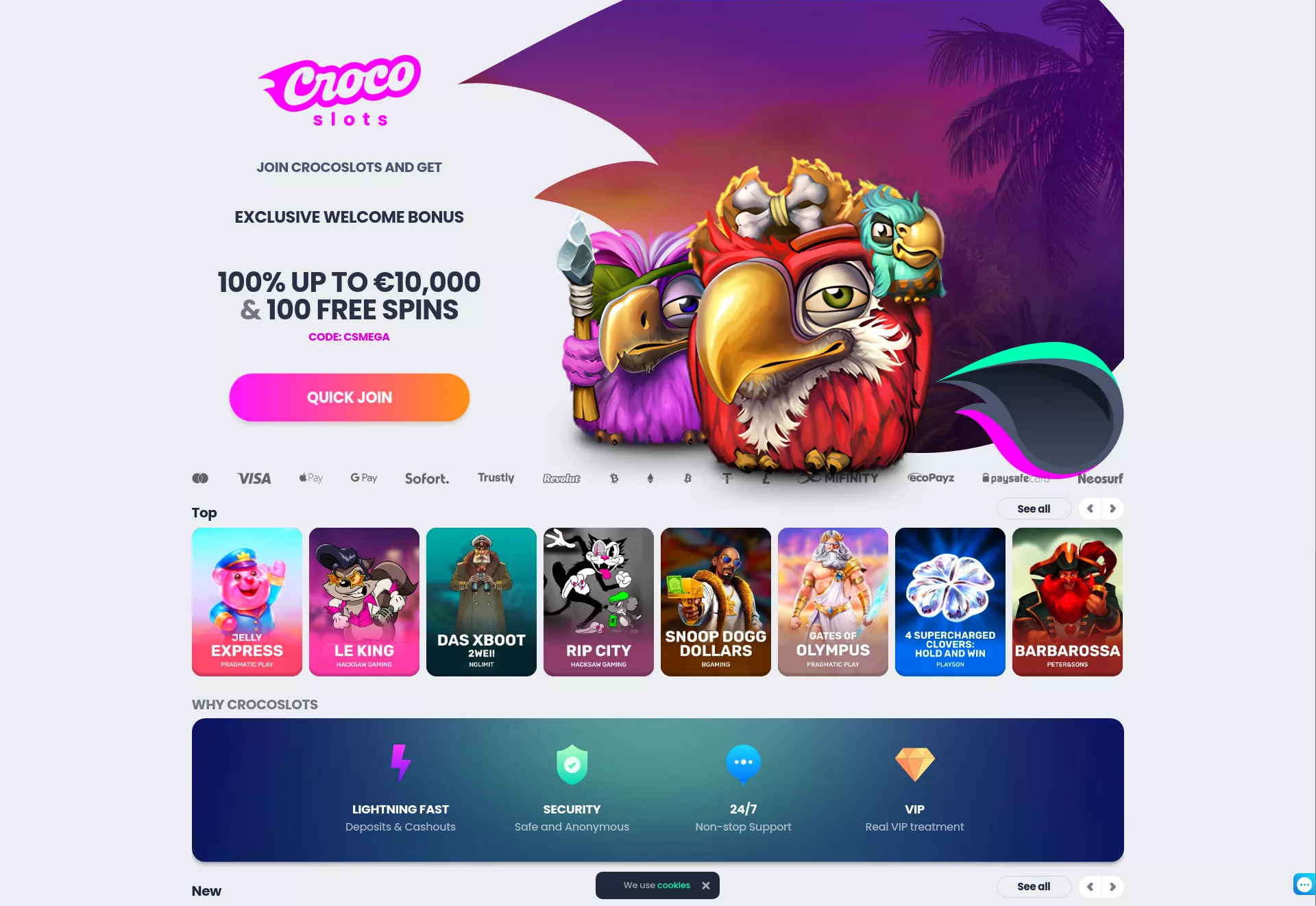 Desktop screen. Crocoslots 100% up to $10000 + 100 FS + $5 Free Chips on registration