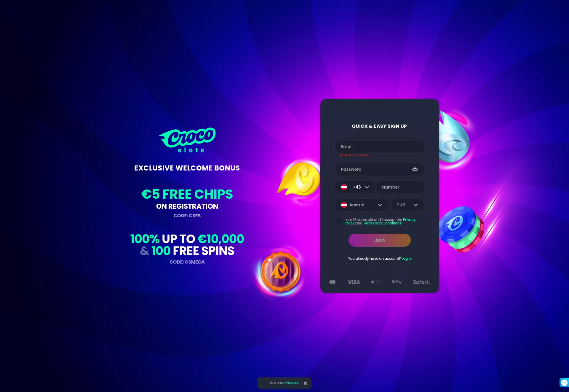 Desktop screen. Crocoslots Get $5 Free Chips