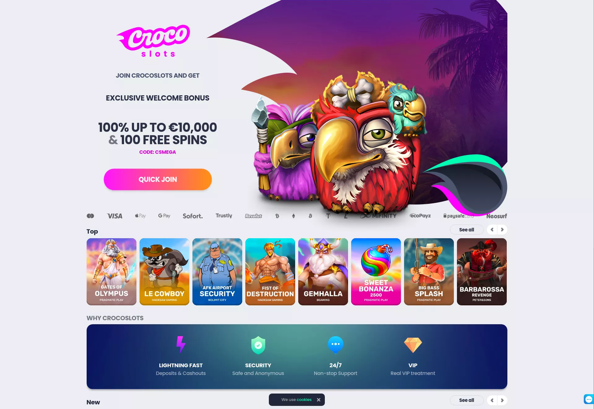 Desktop screen. Crocoslots 100% up to $1000 + 100 FS