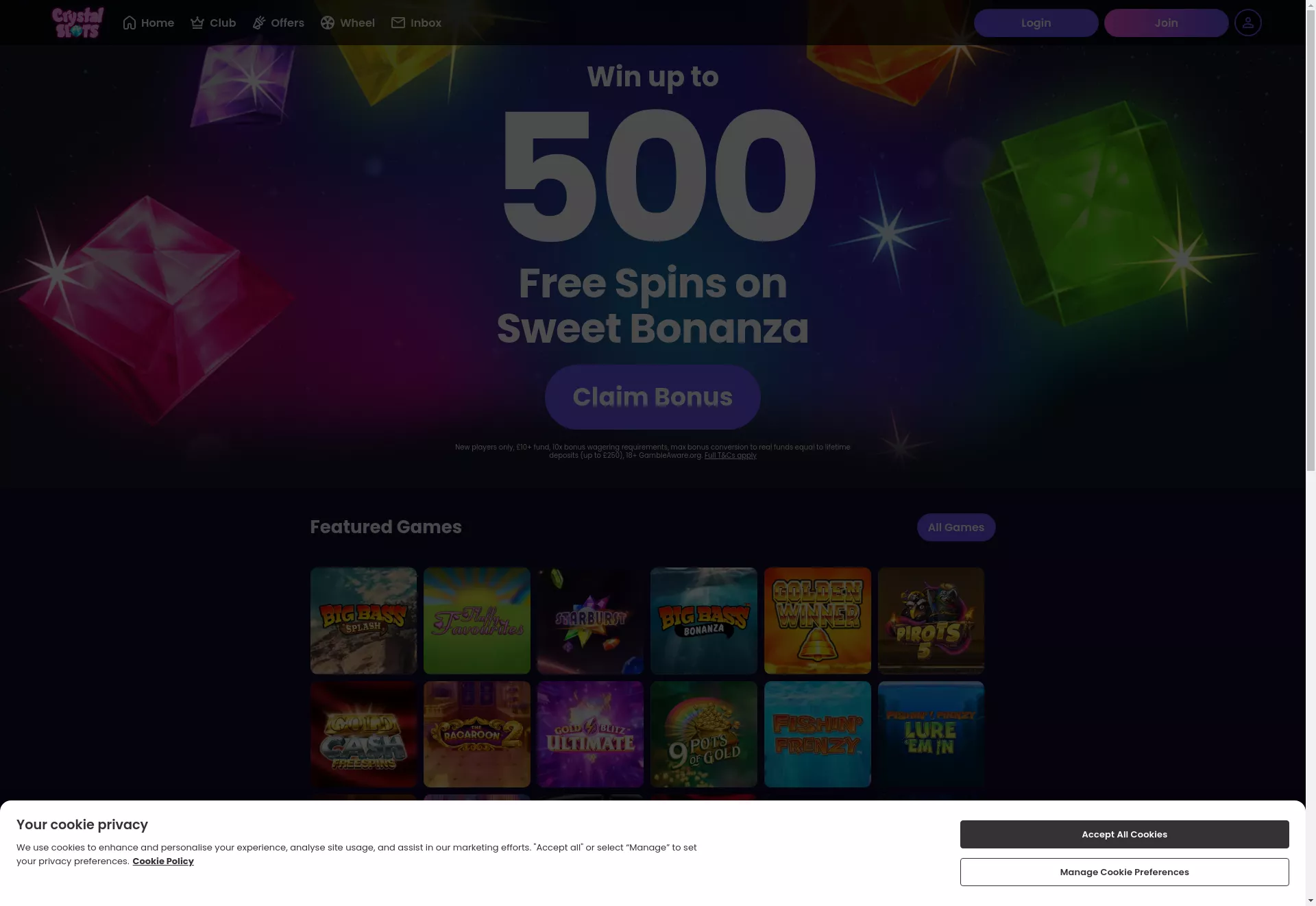 Desktop screen. Crystal Slots Get up to 1000% up to $1000