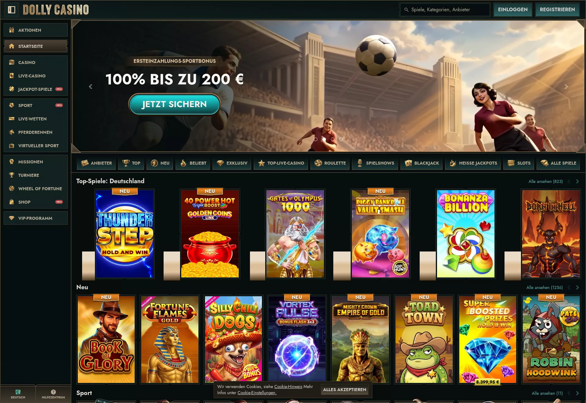 Desktop screen. Dolly Casino Up to $2500 + 350 FS