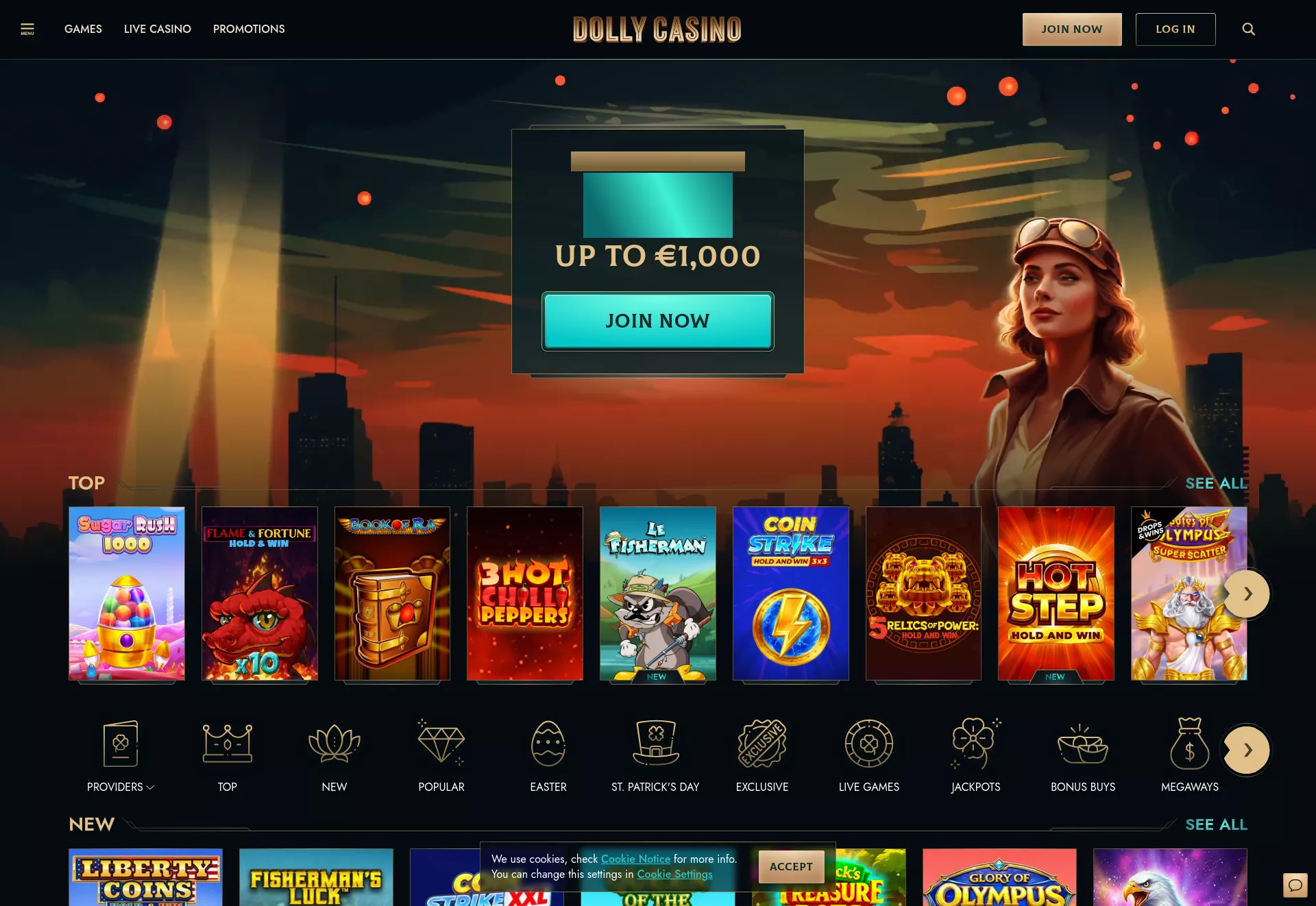 Desktop screen. Dolly Casino Up to $2500 + 350 FS
