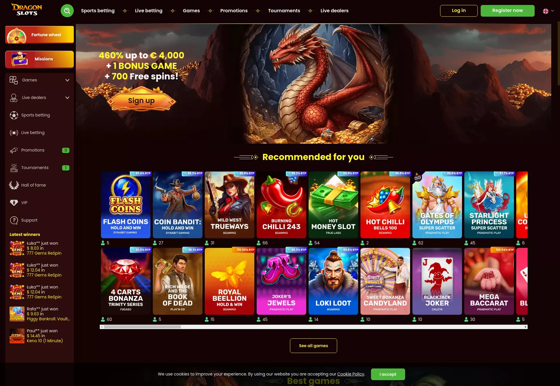 Desktop screen. DragonSlots Up to C$10500 + 650 FS