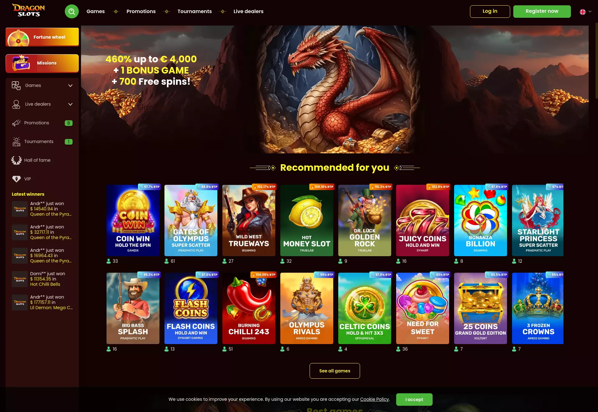 Desktop screen. DragonSlots Up to $5250 + 650 FS