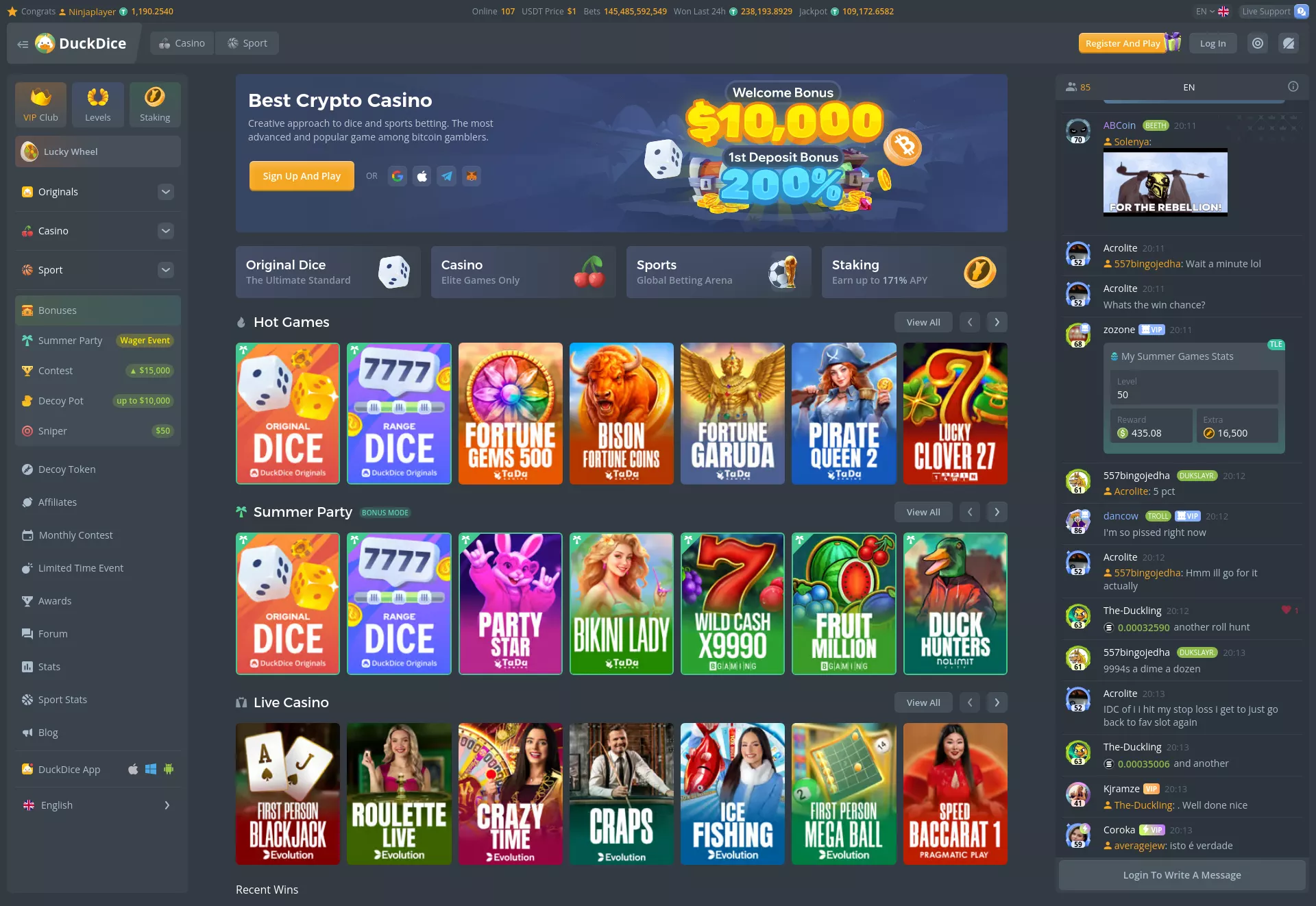 Desktop screen. Duckdice Até ₮10000