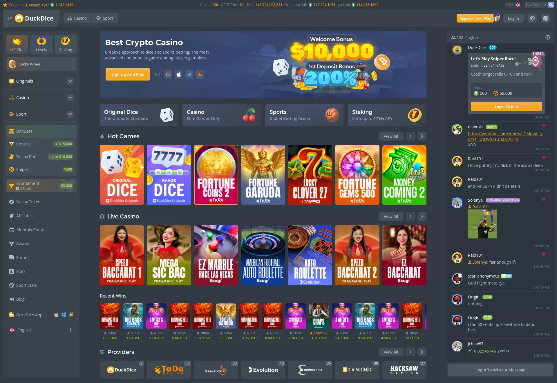 Desktop screen. Duckdice Up to ₮10000