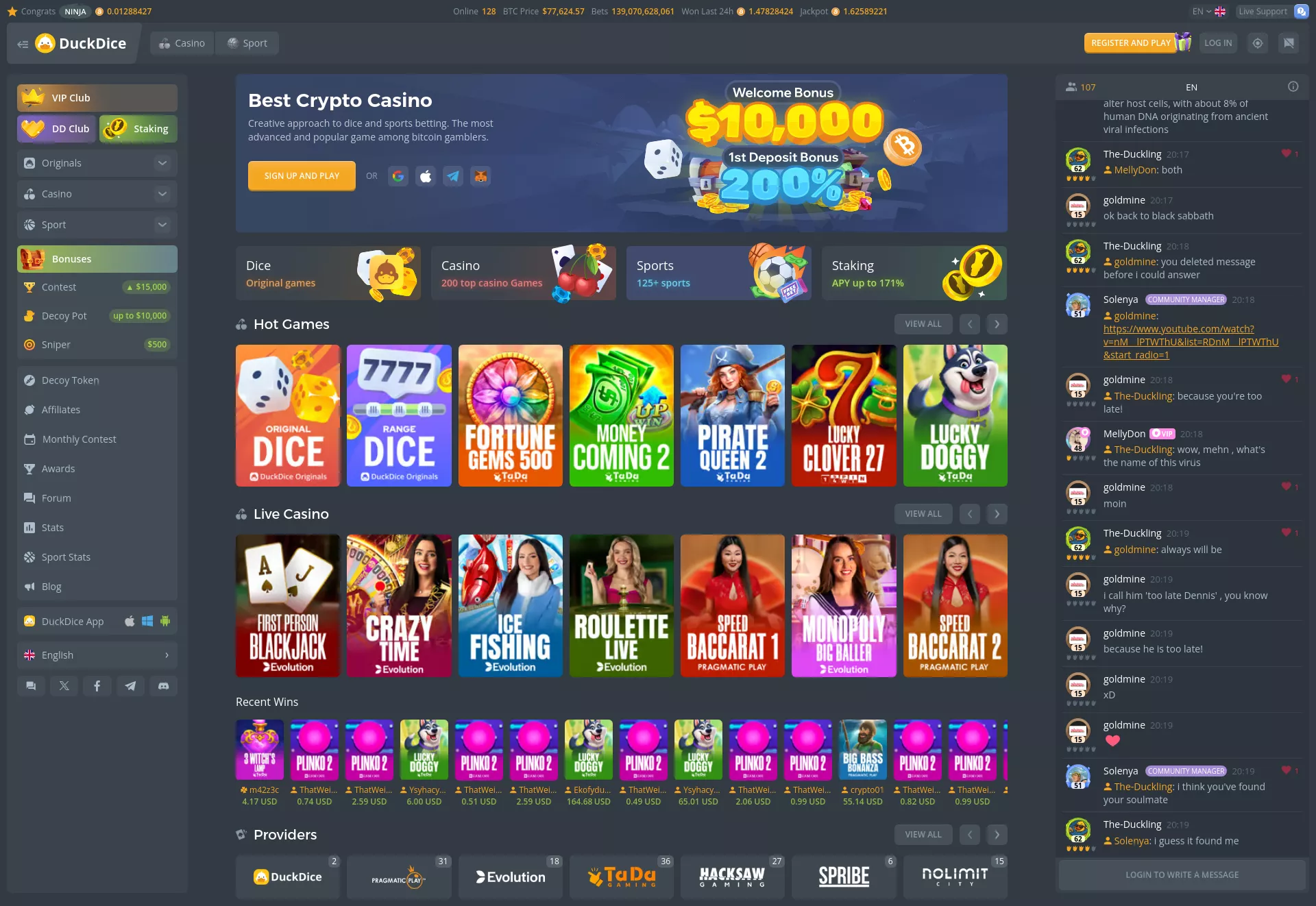 Desktop screen. Duckdice Up to ₮10000