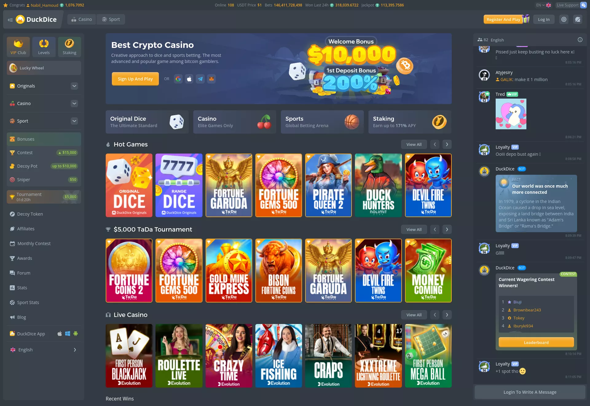 Desktop screen. Duckdice Bis zu ₮10000