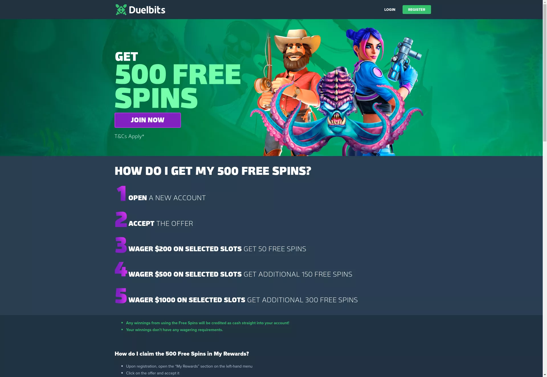 Desktop screen. Casino Duelbits Up to 500 Free Spins