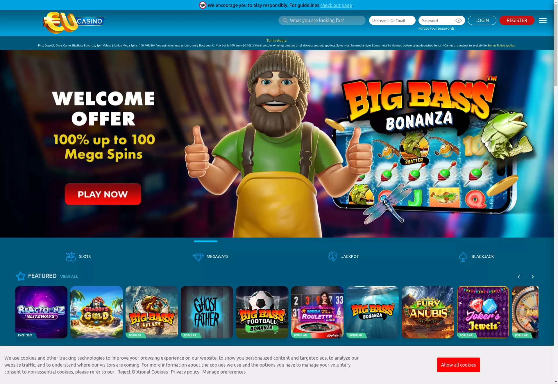 Desktop screen. EU Casino Get 100 FS
