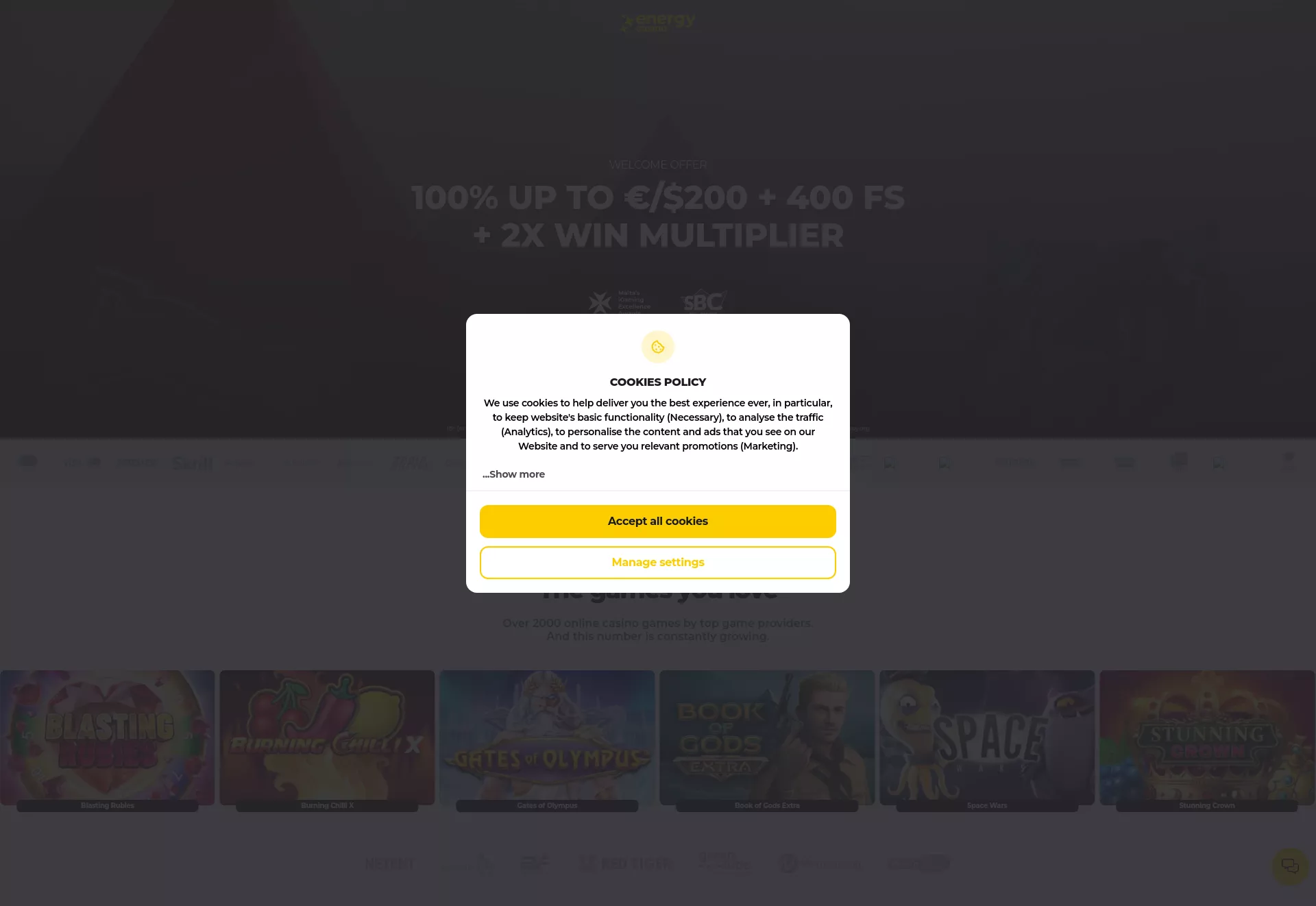 Desktop screen. Energy Casino 100% up to $200 + 400 FS