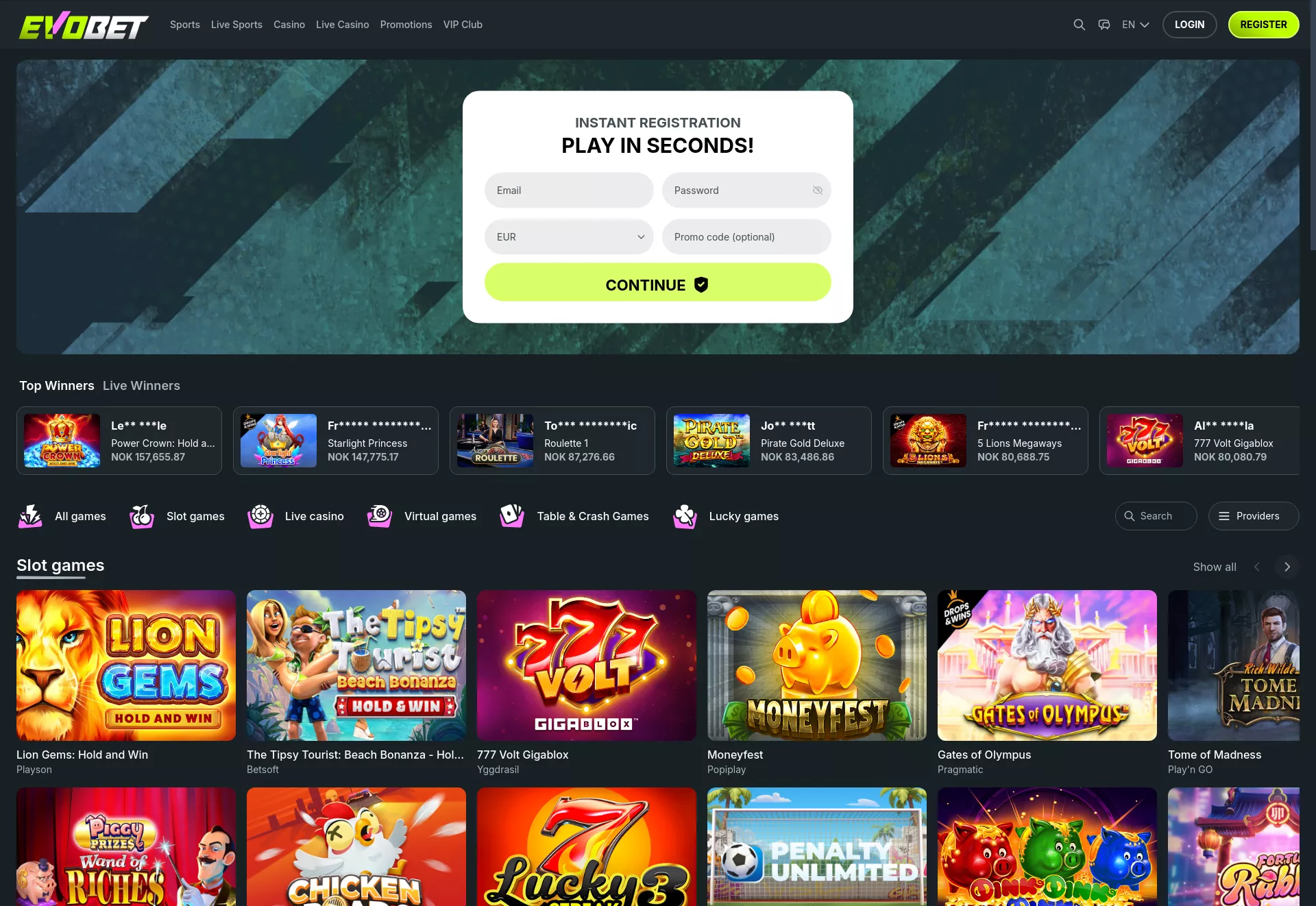 Desktop screen. Evobet 130% Up to kr10000