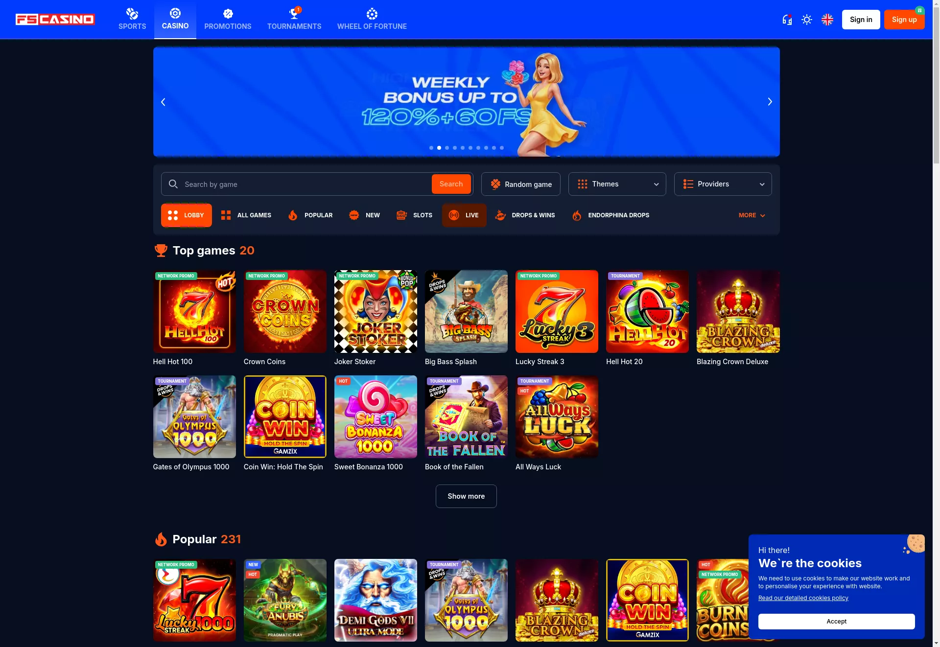 Desktop screen. FS Casino Up to $1000 + 400 FS