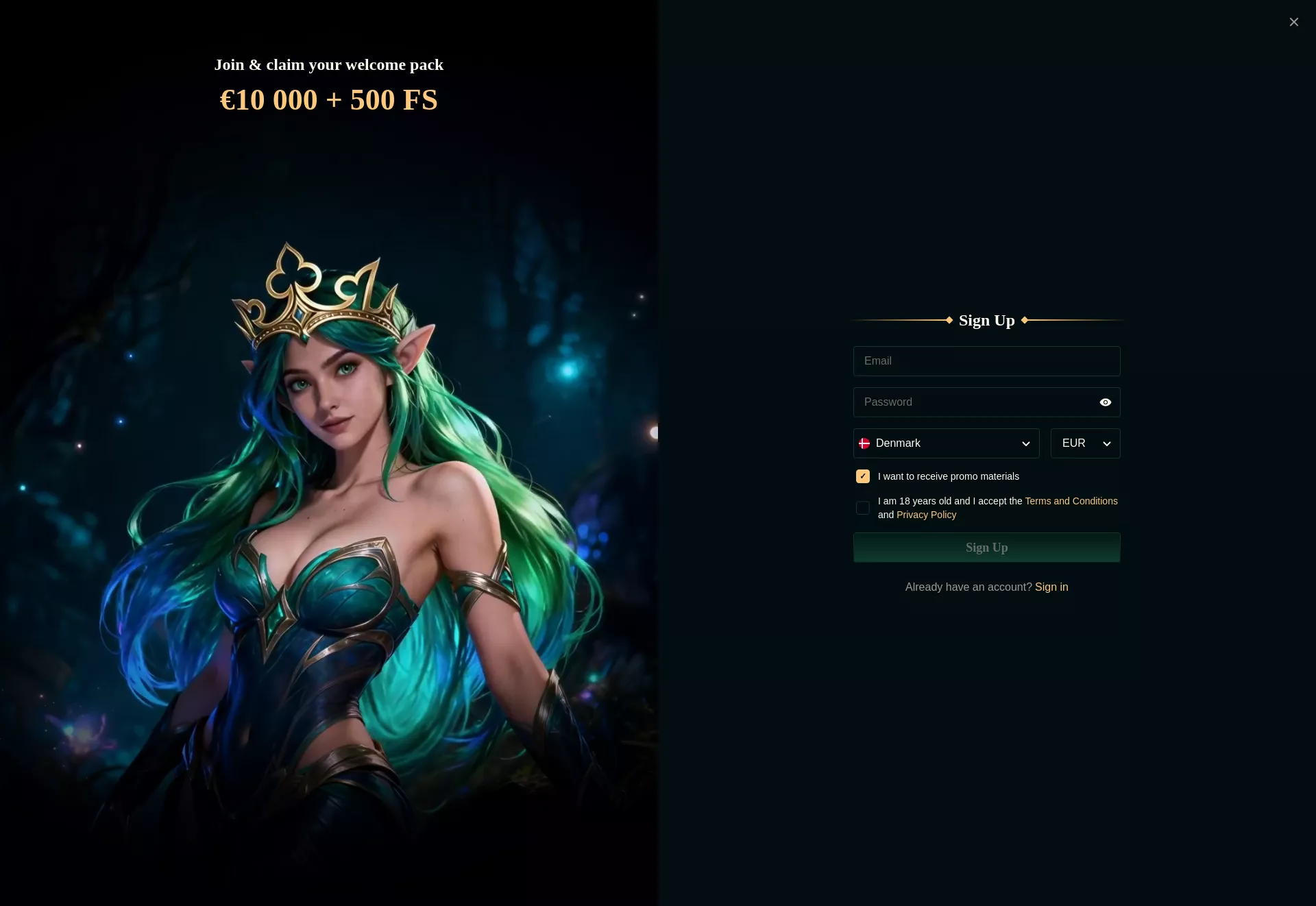 Desktop screen. Fair Crown Up to €10000 + 500 FS