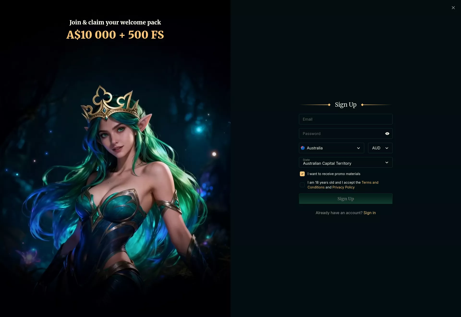 Desktop screen. Fair Crown Up to €10000 + 500 FS
