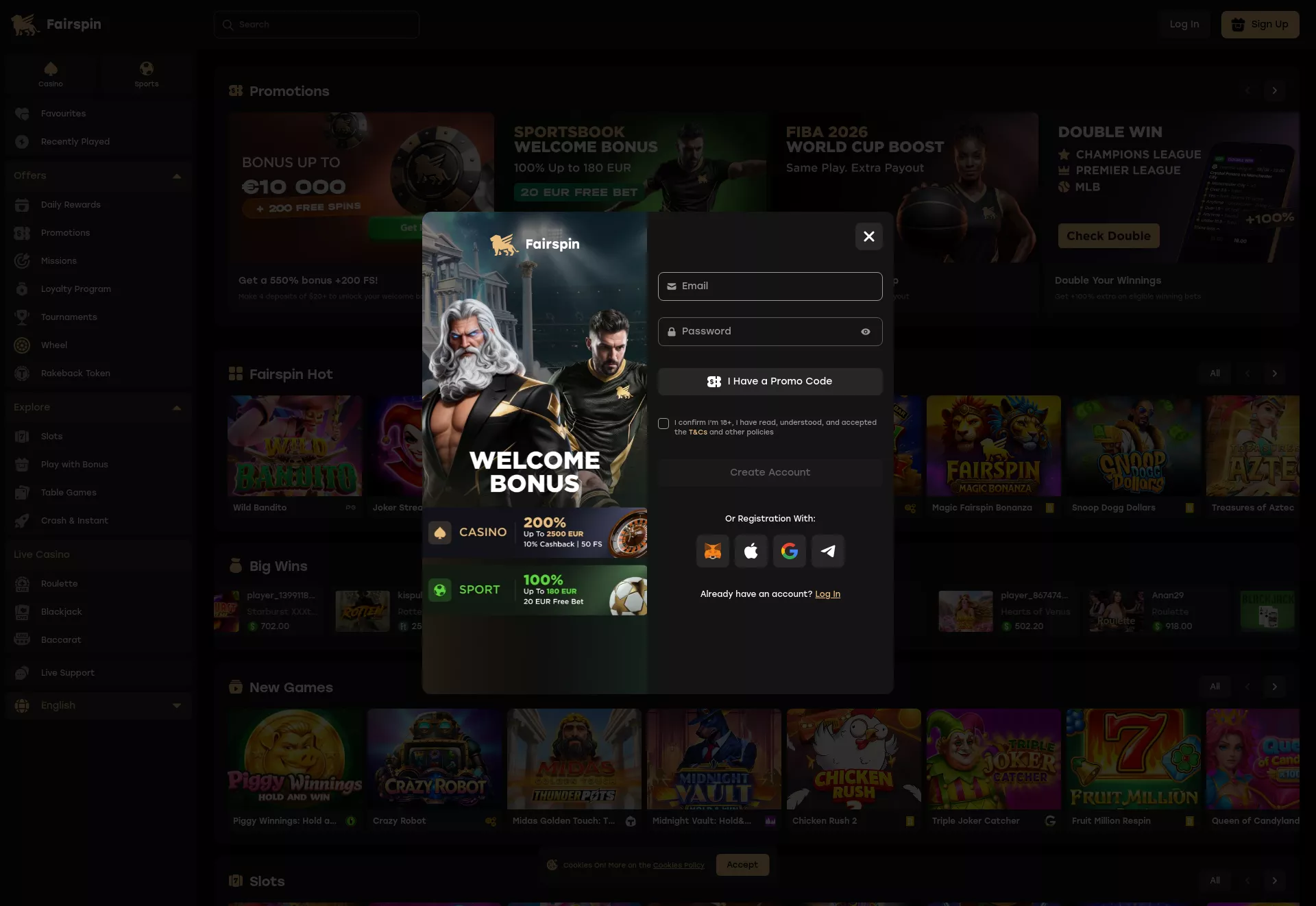 Desktop screen. Fairspin Până la €10000 + 200 FS