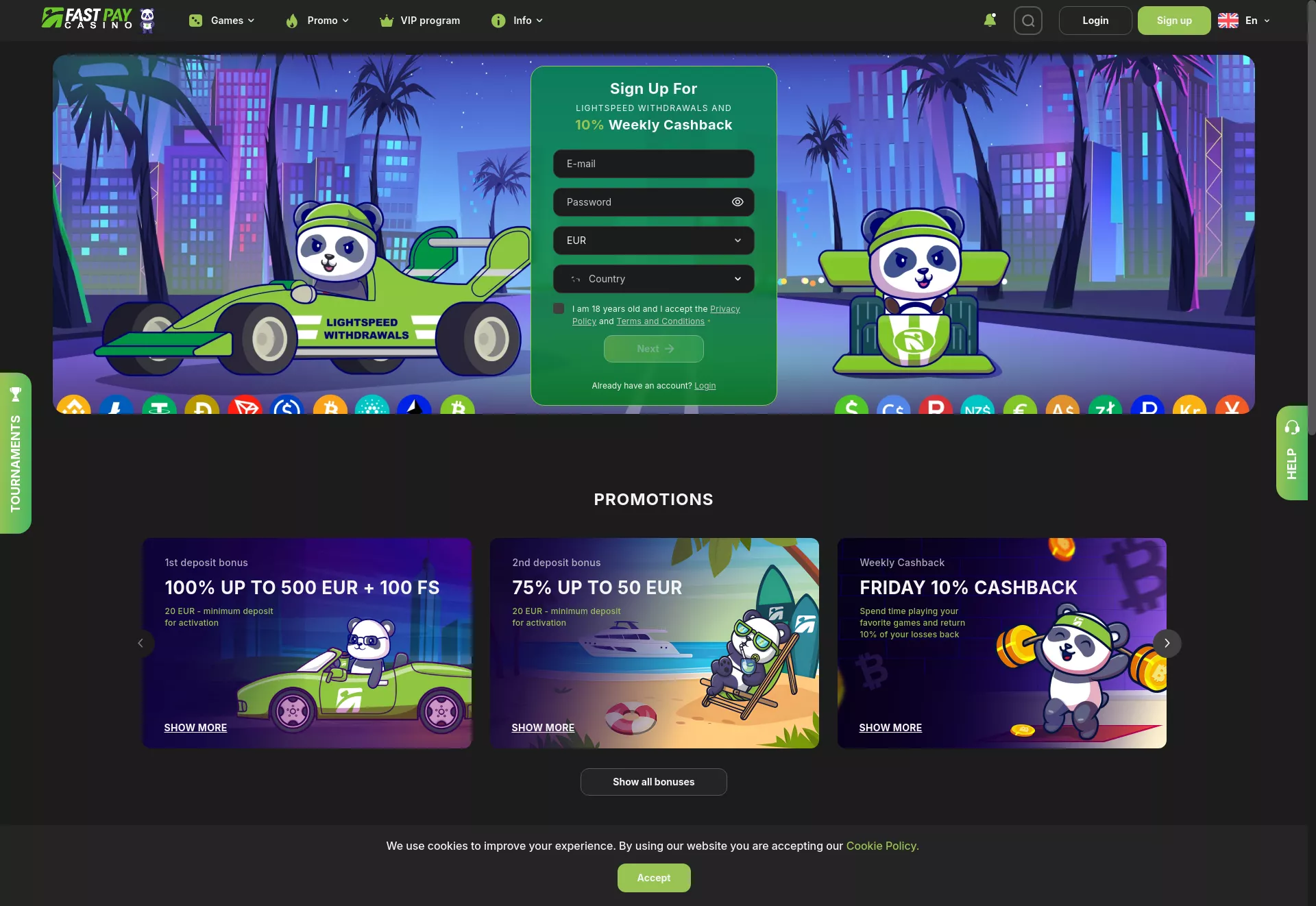 Desktop screen. Fastpay Casino Up to $150 + 100 FS
