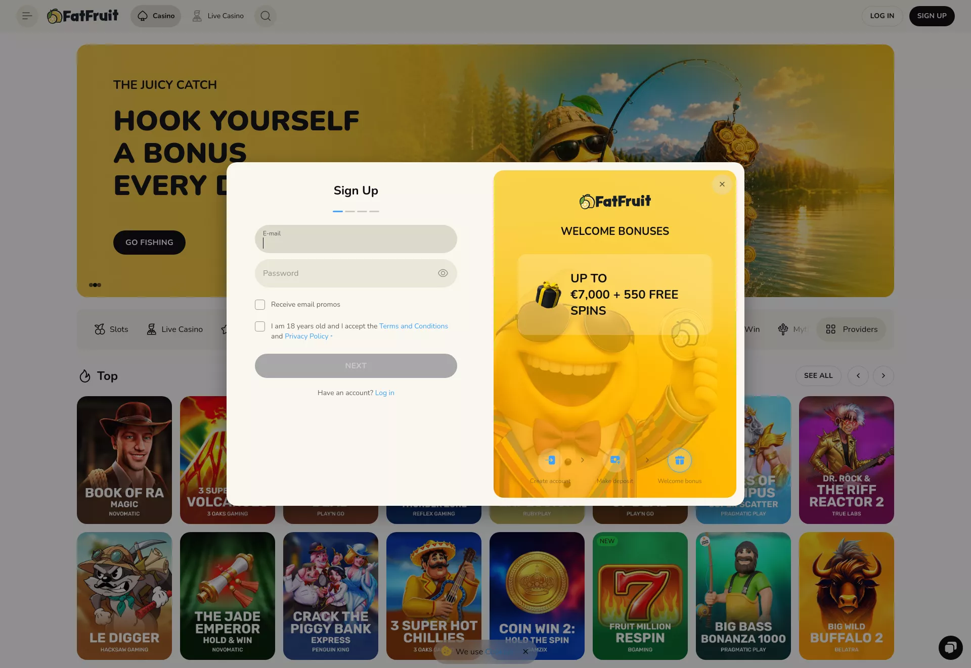 Desktop screen. FatFruit Casino Up to $7000 + 550 FS