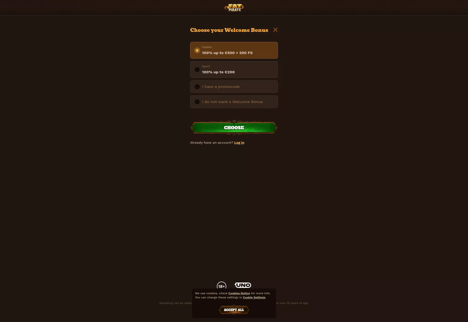 Desktop screen. FatPirate Casino 100% up to €500 + 200 FS