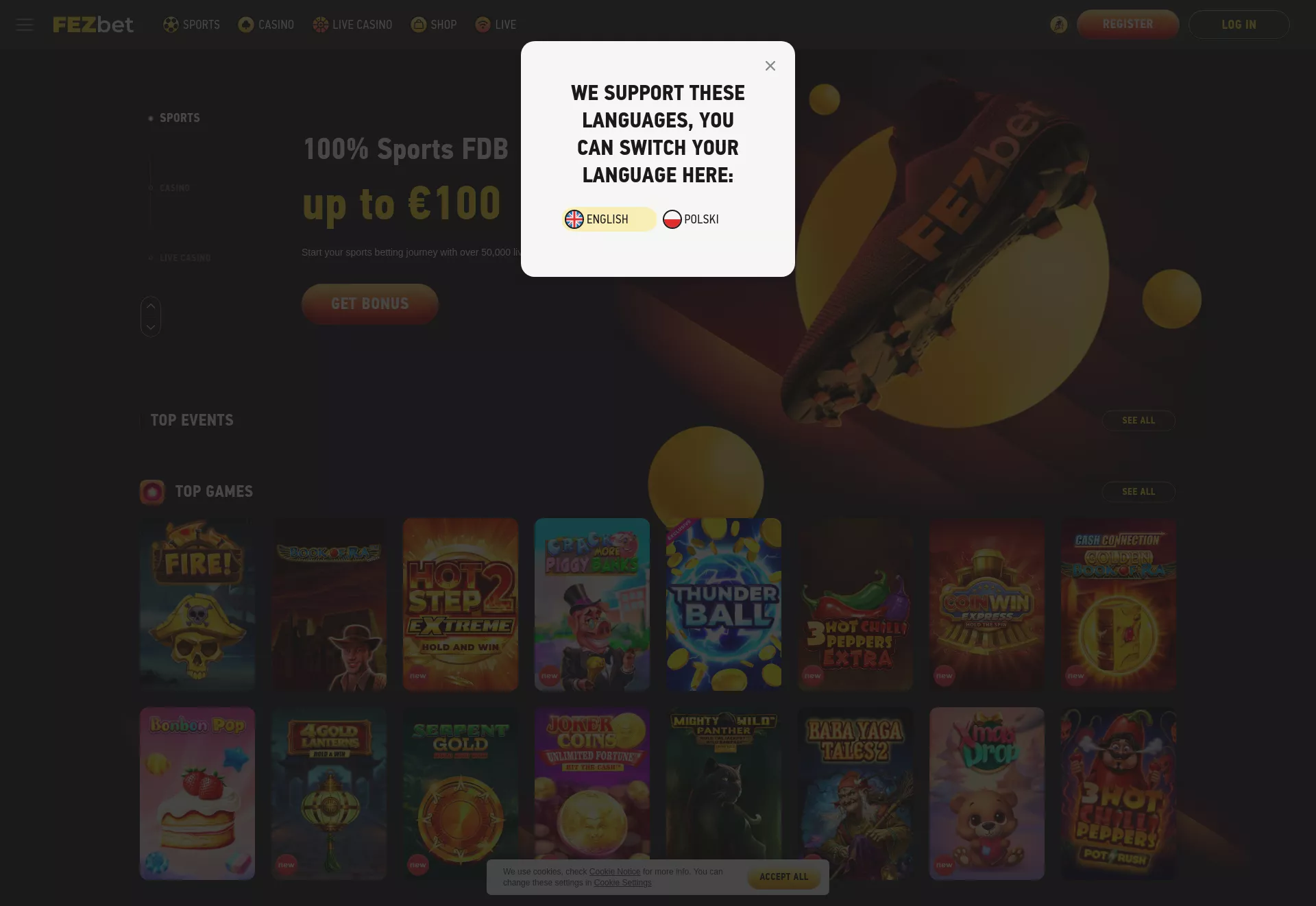 Desktop screen. FezBet 100% up to zł2250 + 200 FS + 1 Bonus Crab